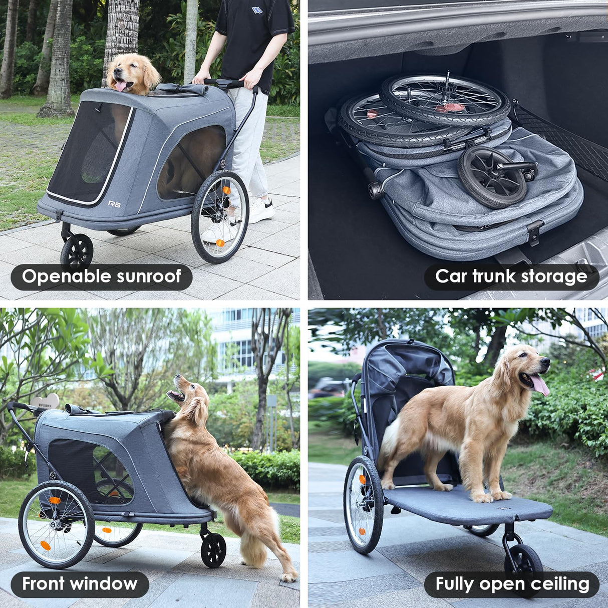Beberoad Pets R8 Extra Large Foldable Pet Stroller, Dog Stroller & Pet Trailer for Large Dogs Under 100 lbs, Unmovable, Disabled & Pregnant Dogs - Conveniently Carriable by Bike and Car, Grey
