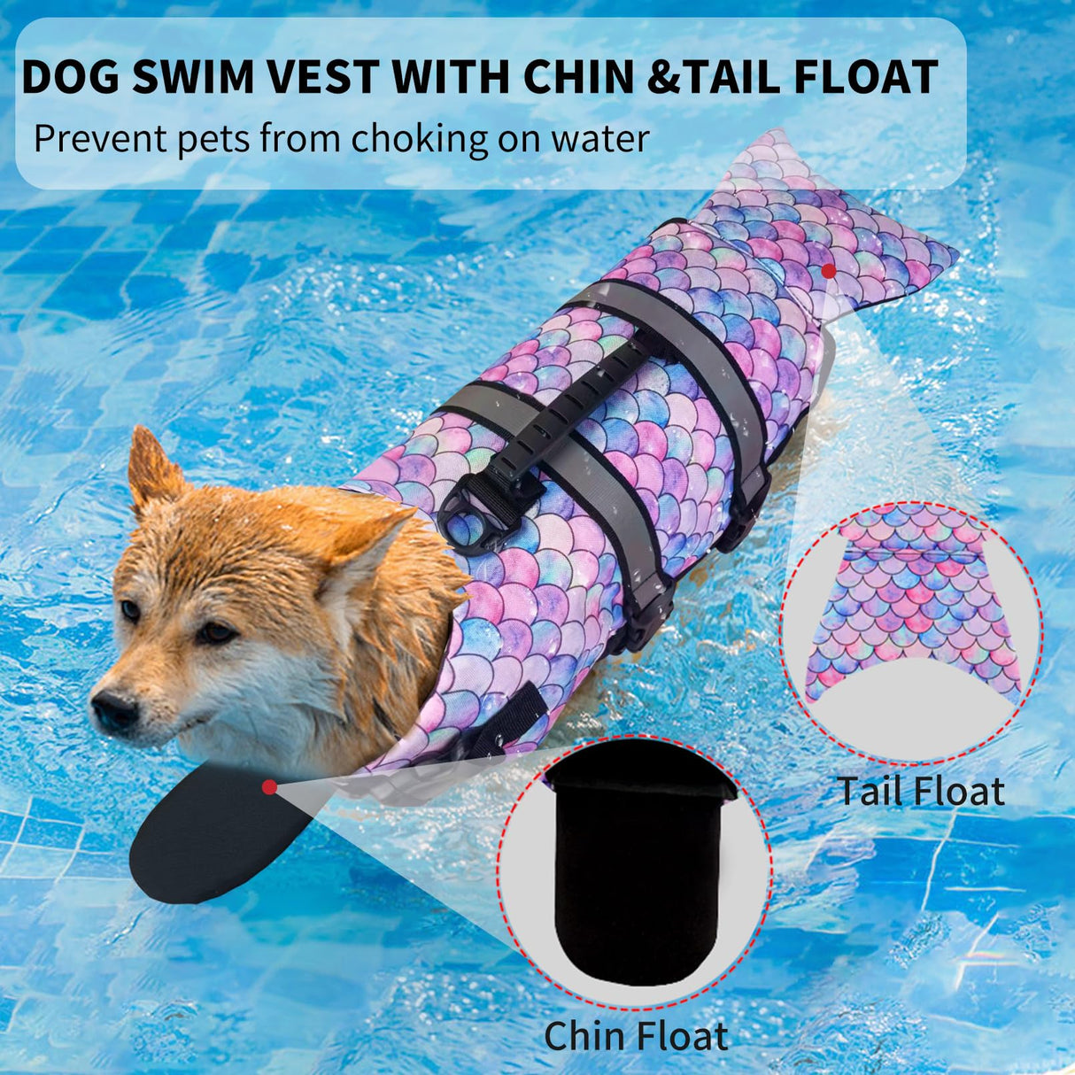 Dog Life Jacket Vest for Swimming Boating, Mermaid Large Swim Vests with Chin Float/Reflective Stripe/Rescue Handle