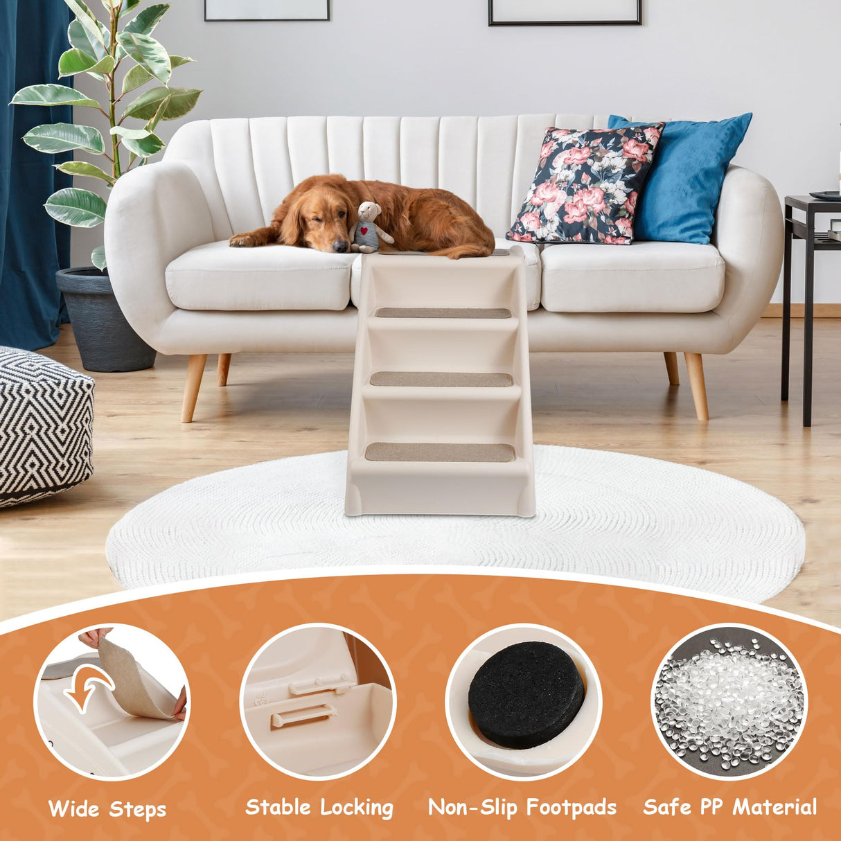 20" H 4-Step Dog Stairs for Small Dogs and Cats, Non-Slip Dog Steps for High Beds, Couch, Sofa, Sturdy Pet Steps (Tan)