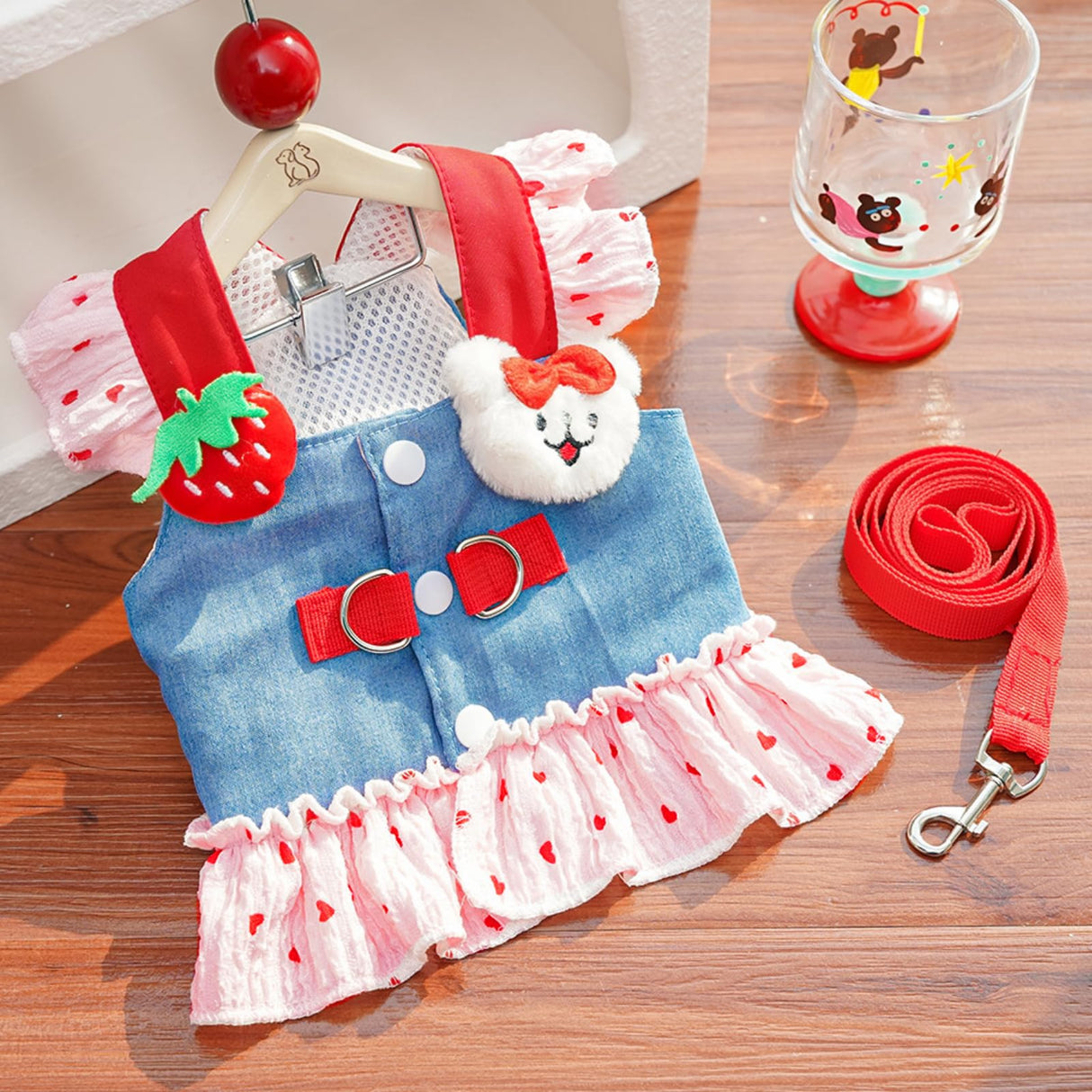 Layheld Cat Puppy Costume Strawberry Dress with Leash Polka Dot Puff Sleeve Design Dog Cat Accessories Multiple Sizes for Cat Small Dog (Blue Pink,Large)