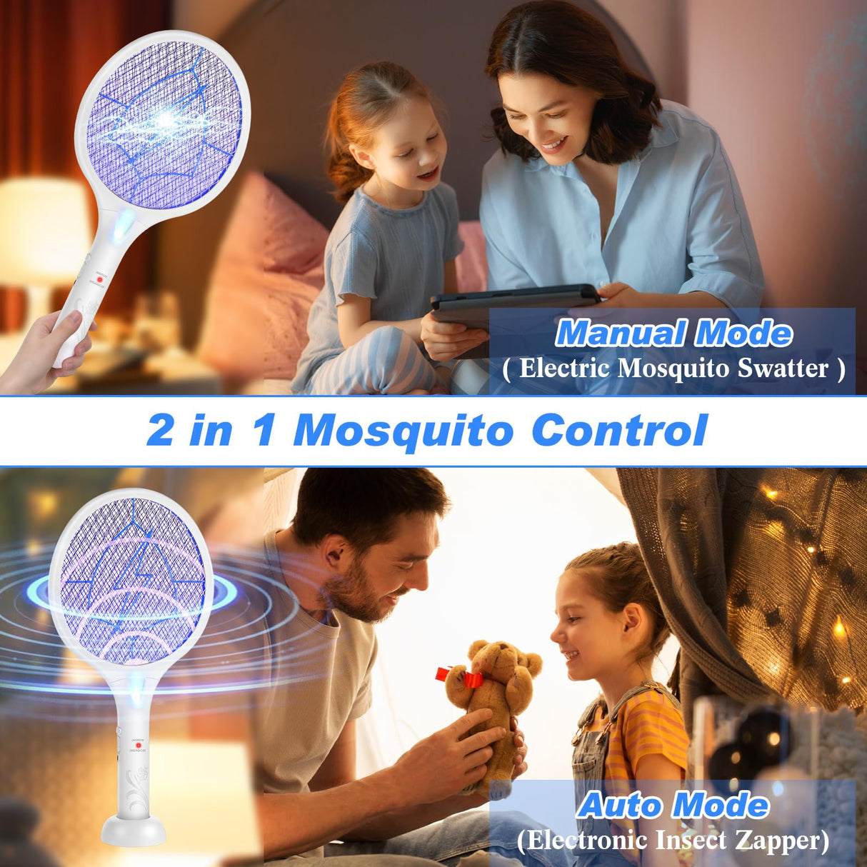 Qualirey Electric Fly Swatter 2 in 1 Rechargeable Mosquito Swatters UV Light Bug Zapper Racket Fly Mosquito Zapper Insect Control for Home Bedroom Kitchen Office Backyard Patio Indoor Outdoor (4 Pcs)