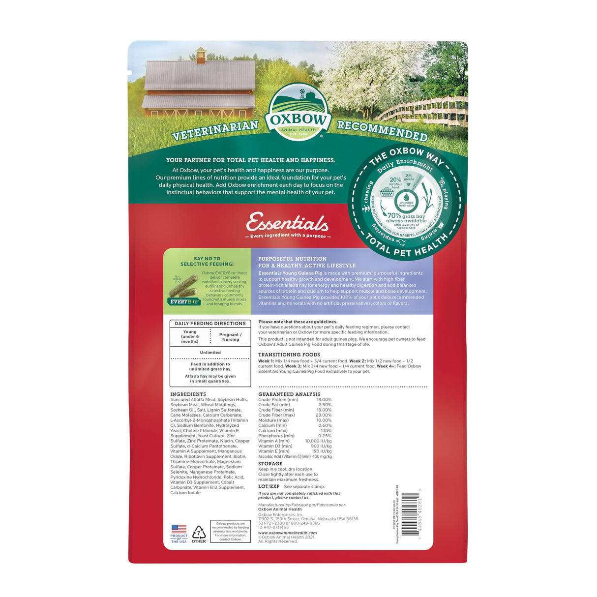 Oxbow Essentials Young Guinea Pig Food, Guinea Pig Pellets Made with Timothy Hay, Stabilized Vitamin C, Small Animal Pet Products, Small Animal Food Made in USA, High Fiber, 10 lb. Bag
