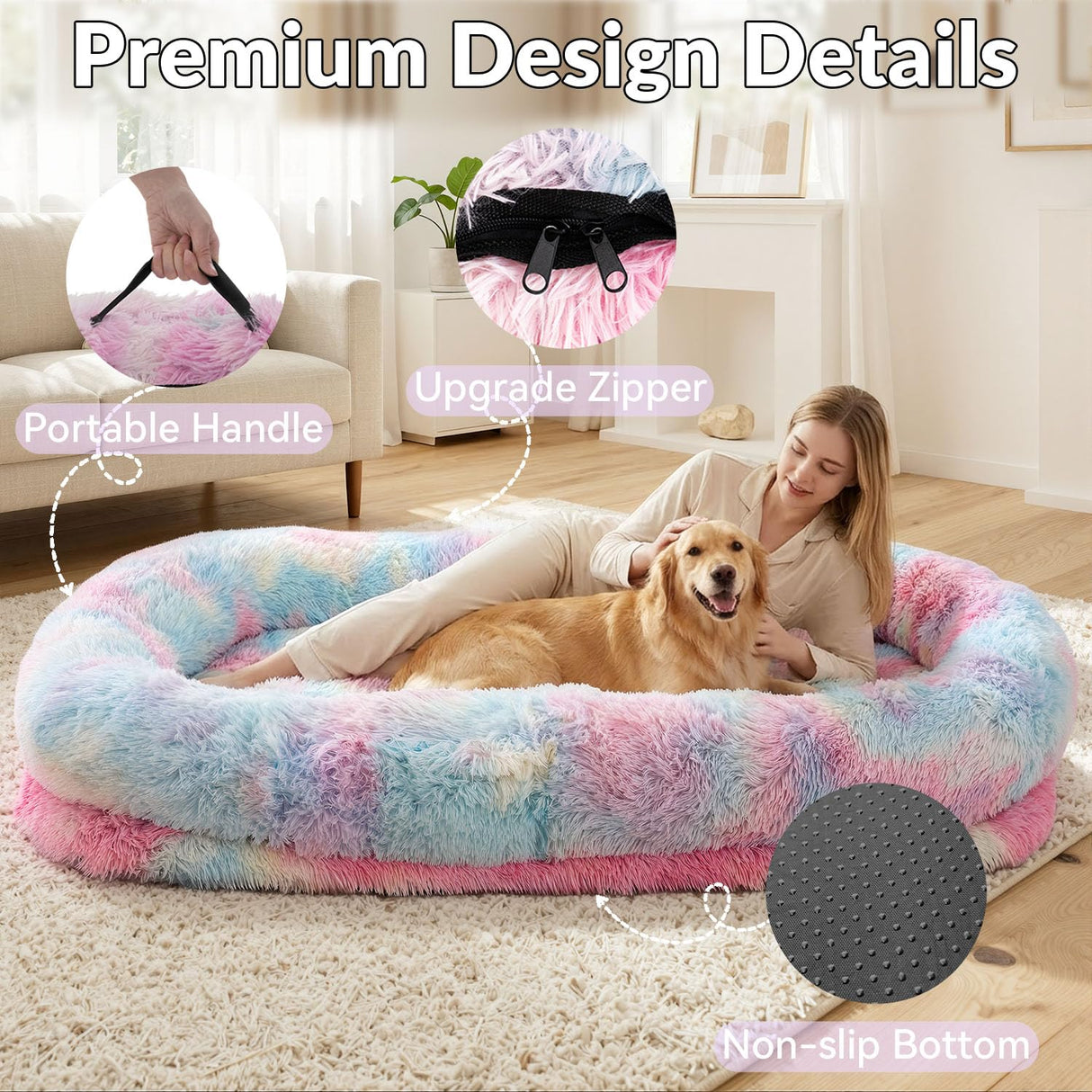 Human Dog Bed 71''Foldable for Adult Kids Faux Fur Washable Removable Giant Pet Bed with Present Blanket, Rainbow
