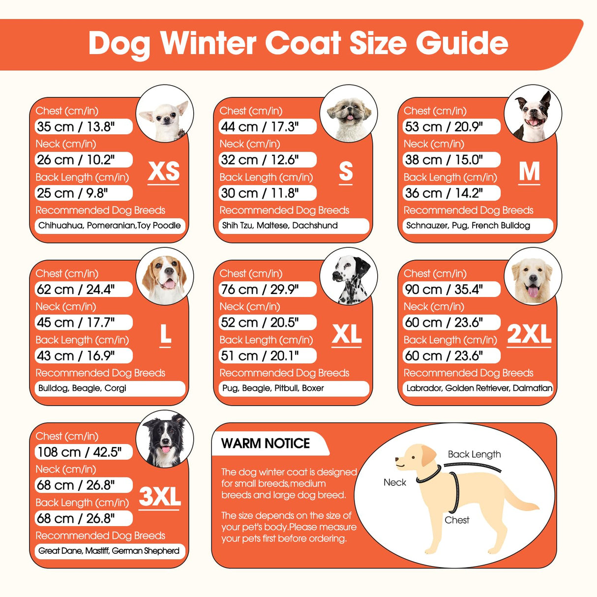 BRKURLEG Dog Winter Jackets for Large Dogs, Dog Coat with Harness Built in, Dogs Snowsuits with Zipper, Waterproof Windproof Pet Puffer Jacket Fleece Vest for Labrador, Dalmatian, Orange XXL