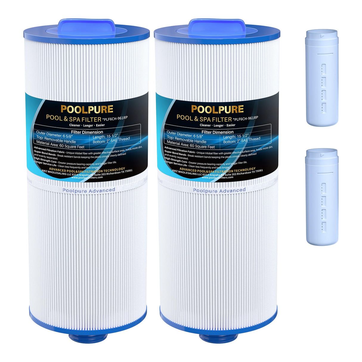 POOLPURE Removable Handle Spa Filter Replaces PJW60TL-OT-F2S, Jacuzzi Prem J300, J400, Unicel 6CH-961, 6541-383, 6540-476, 60 sq.ft Filter Cartridge with Built-in Dispenser, 2PACK