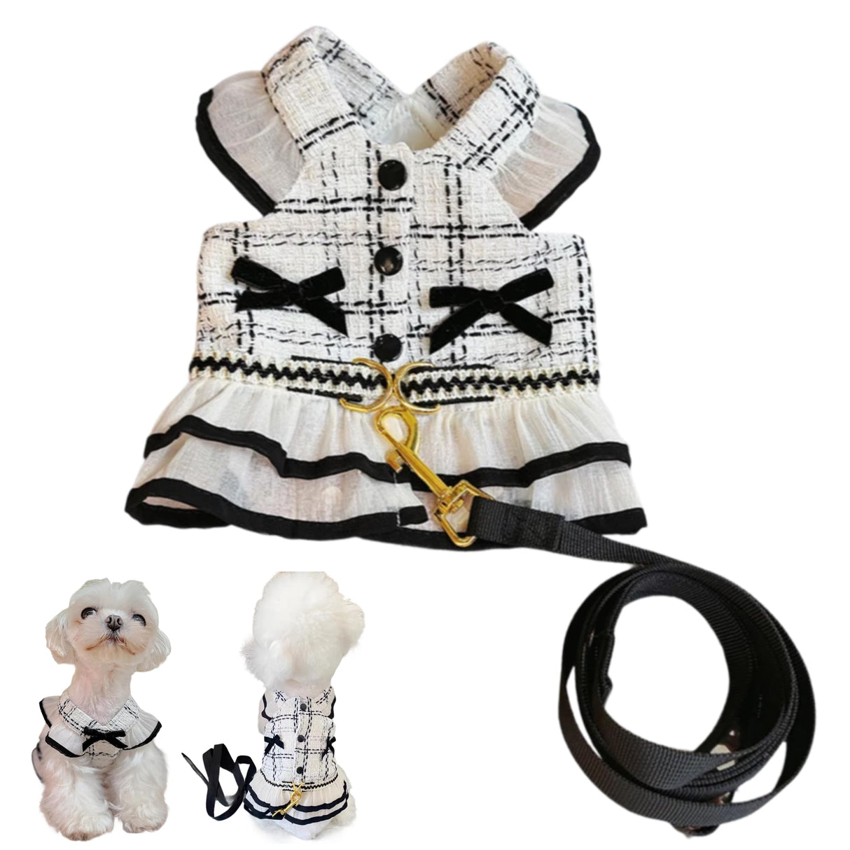 Elegant Dog Plaid Harness with 5FT Leash Set Bowknot Sleeveless Vest Cute Tweed Puppy Dress Outfits Pet Yorkie Birthday Wedding Clothes (Black & White, Small)
