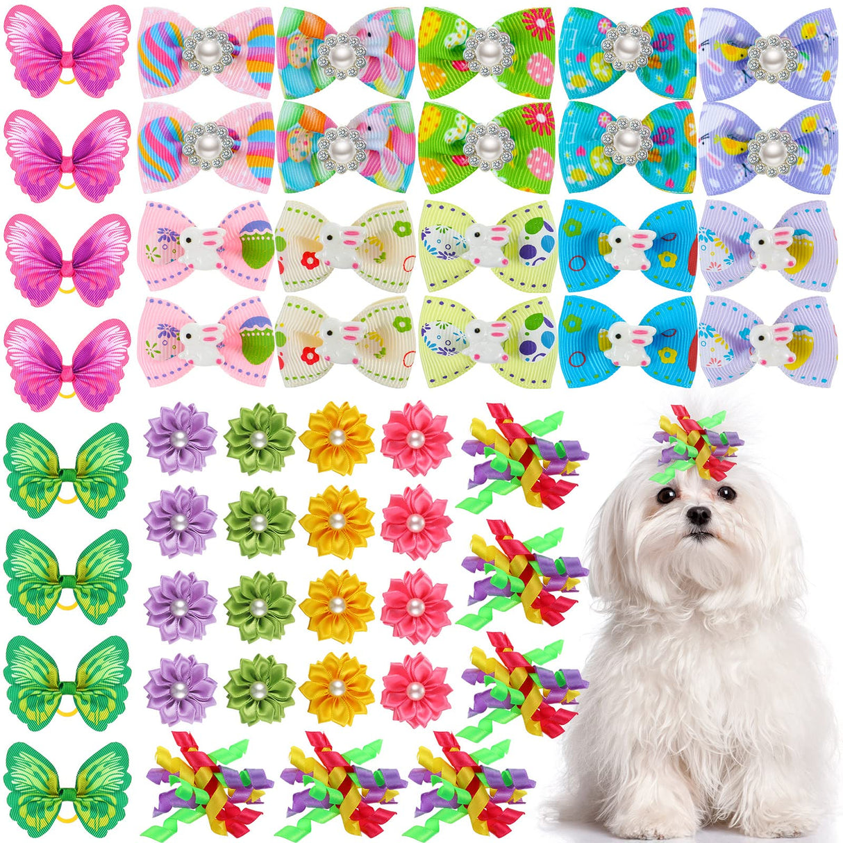 MTLEE 50 Pcs Easter Dog Bows Dog Hair Bows Bulk Easter Grooming Cute Rabbit Pattern with Rubber Bands Puppy Yorkie Cat Bunny Butterfly Topknot Rhinestone Pearl Girl Accessories