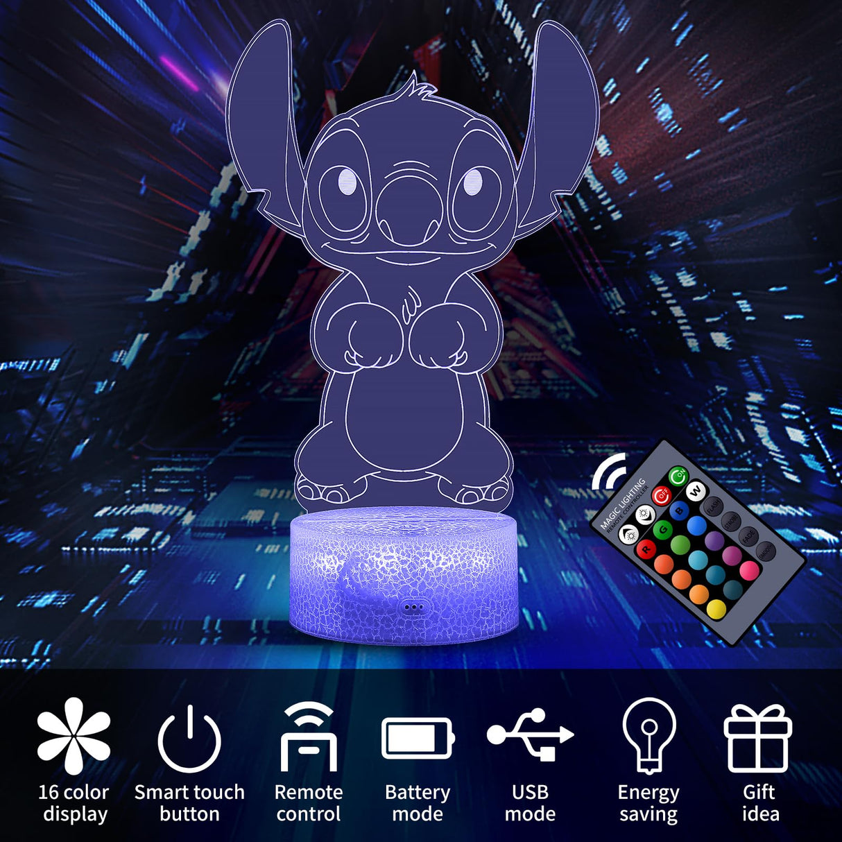 JMMFIDY Stitch Night Lights, Stitch Gifts Children's Room Decoration, Christmas Gifts, Children's Day Gift 3D LED Intelligent Remote Control Stitch Light Stitch Stuff lilo and Stitch Gifts