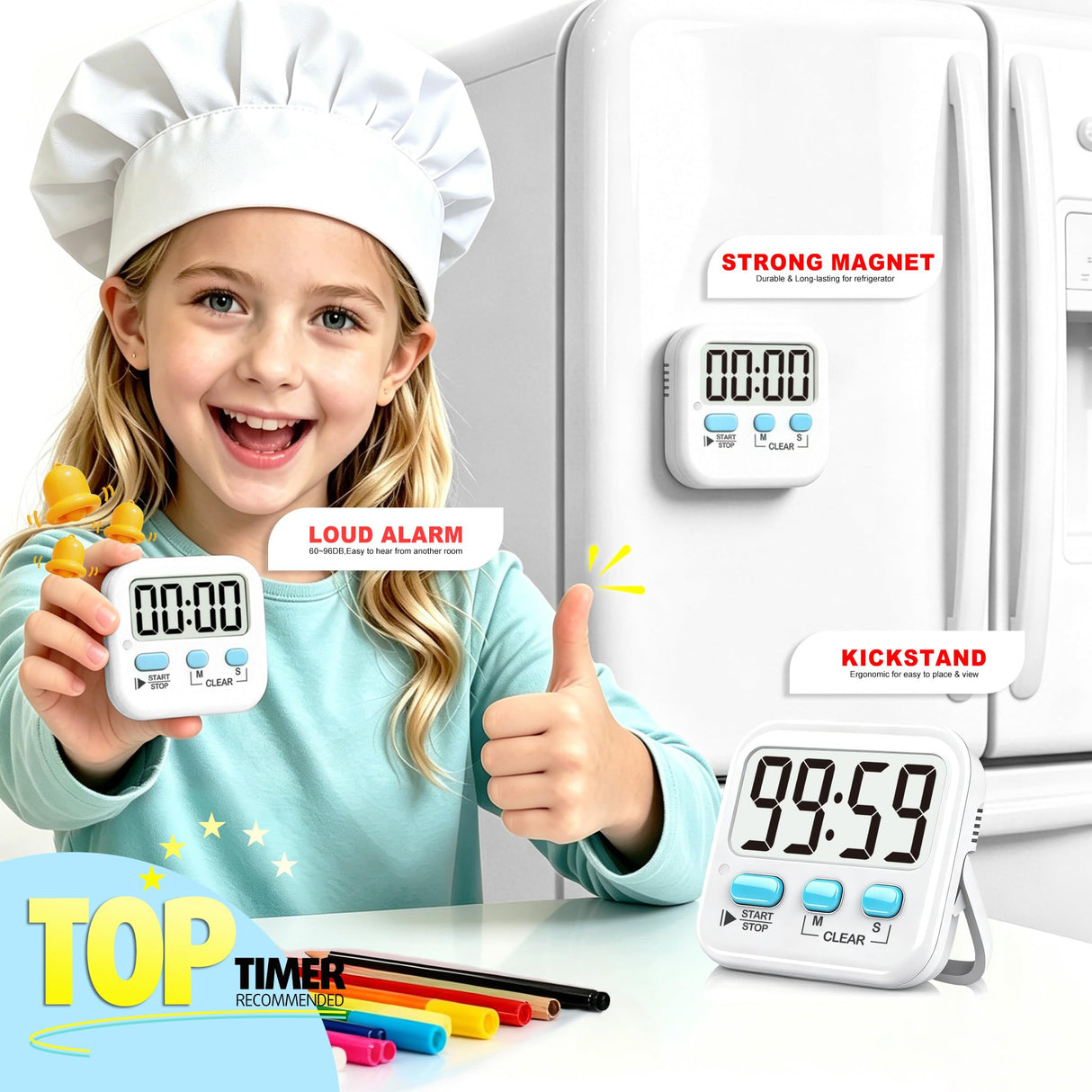 2 Pack Digital Timer for Kids, Magnetic Countdown Kitchen Timers for Cooking, Egg, Classroom, Teacher, Exercise, Study, Oven - Battery Included
