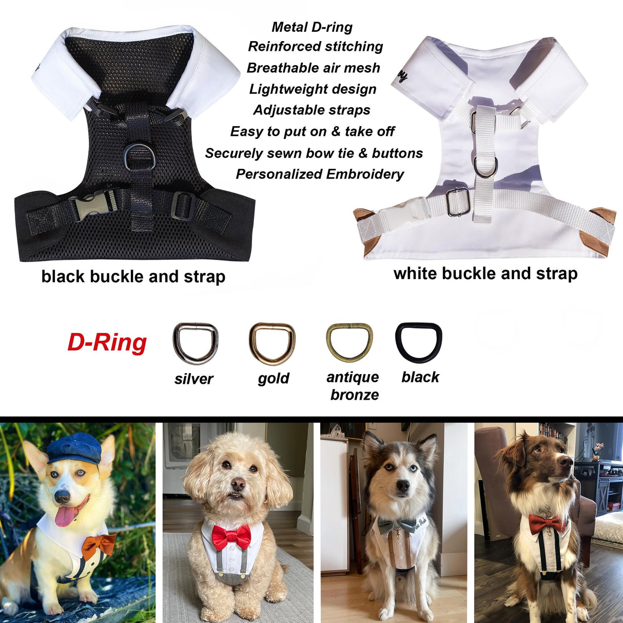 Personalized Best Dog Harness with Bow Tie, Suspenders & Custom Embroidered Text | Wedding Dog Tuxedo | Optional Ring Bearer Clasp | Perfect Attire for Wedding & Birthday by ACORD EU (Dark Gray)