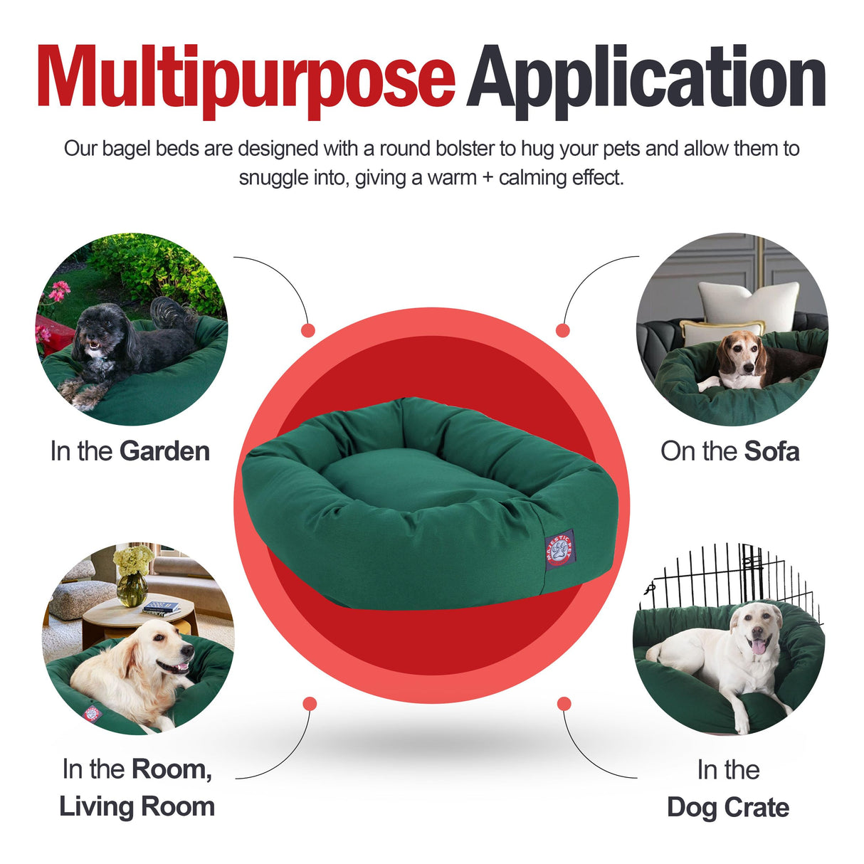 Majestic Pet 52 Inch Bagel Calming Dog Bed Washable – Cozy Soft Round Dog Bed with Spine Support for Dogs to Rest their Head - Fluffy Donut Dog Bed 52x35x11 (Inch) - Round Pet Bed X-Large – Green