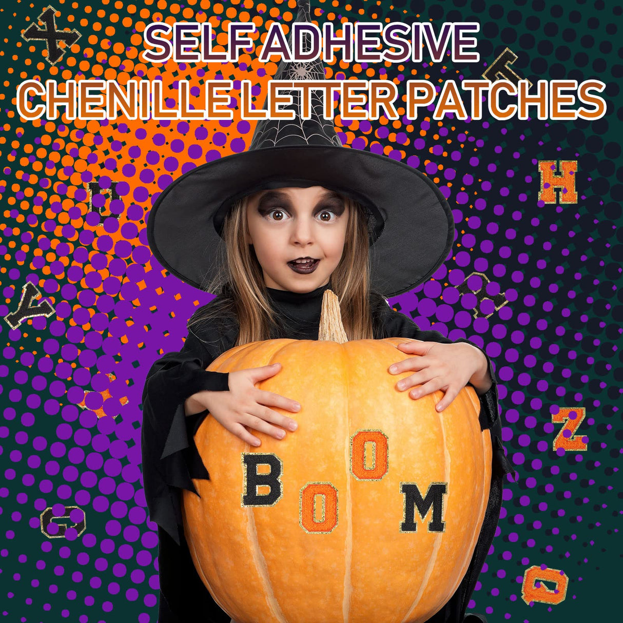 WILLBOND 52 Pcs Chenille Letter Patches Bulk Self Adhesive Letter Patches for Backpacks Stick on Letters Embroidered Applique Patch for Clothing Hats Halloween Christmas Supplies(Black, Orange)