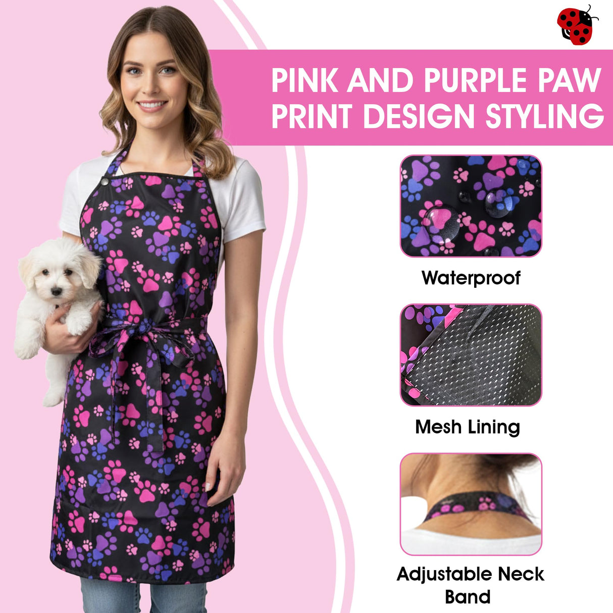 Ladybird Line 614 Unisex Pink and Purple Paw Print Waterproof Pet Grooming and Styling Apron, Hair and Bleach Resistant, 2 Front Pockets and Adjustable Neckband and Mesh Lined for Comfort