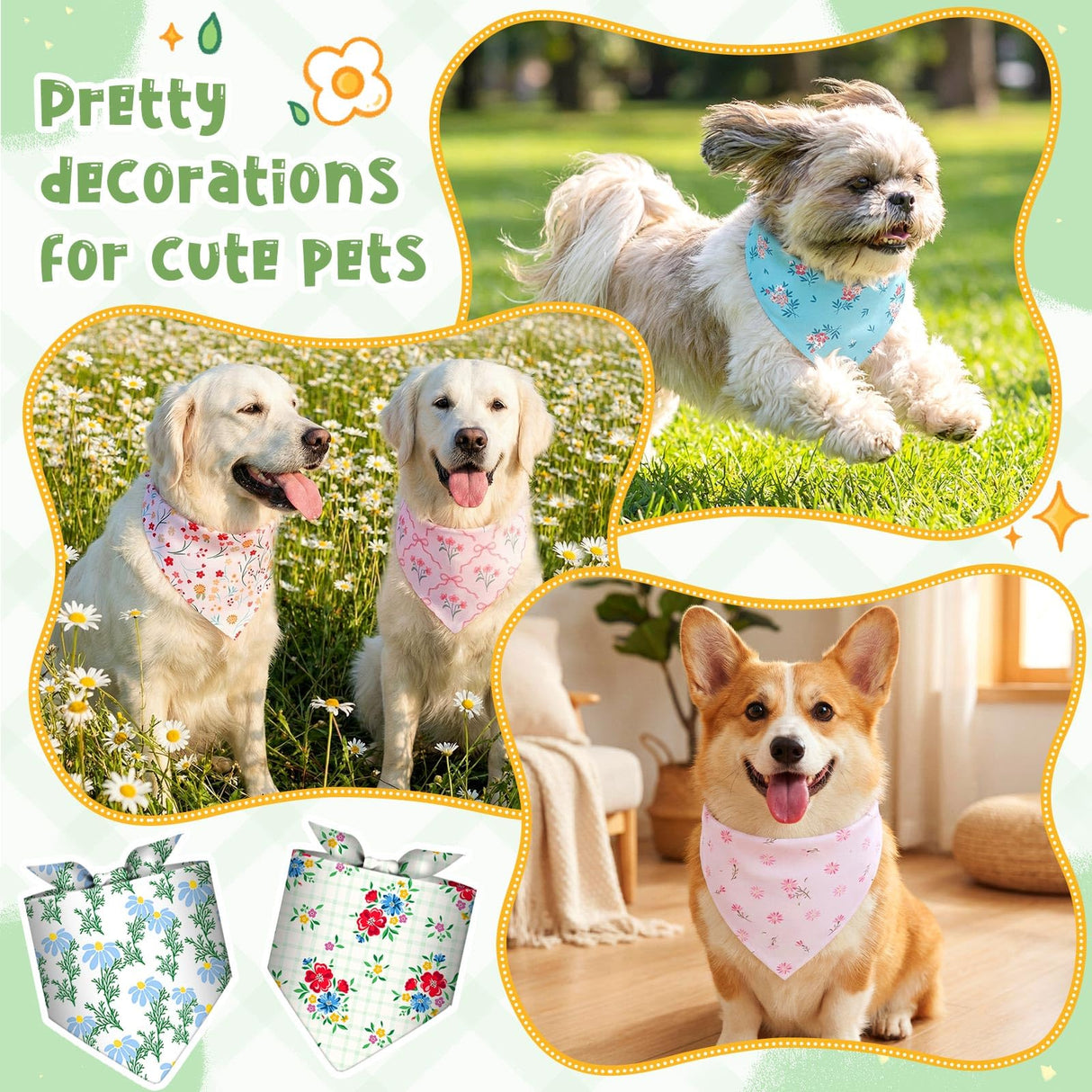 Bulyoou 120 Pcs Spring Dog Bandanas Bulk Floral Printing Pet Bandanas Dog Handkerchiefs Spring Scarf Bibs Triangle Bibs Adjustable Kerchief Pet Grooming Costume Accessories