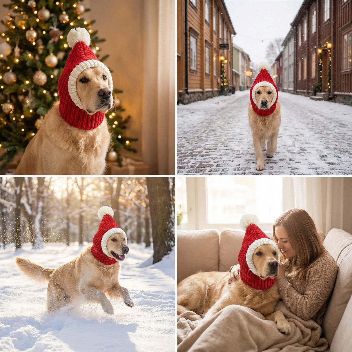 Christmas Dog Hat Costume for Large Medium Dog Warm Winter Dog Hat Neck Ear Warmer Headband Protector for Golden Retriever Labrador(X-Large, Red)