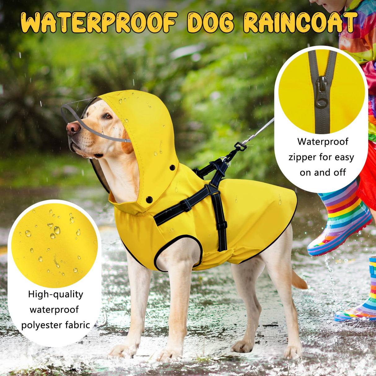 Dog Raincoat: Dog Rain Jacket with Reflective Harness & Removable Hood | Waterproof Dogs Rain Coat Poncho for Large Medium Small Dogs Puppies (Yellow - M)