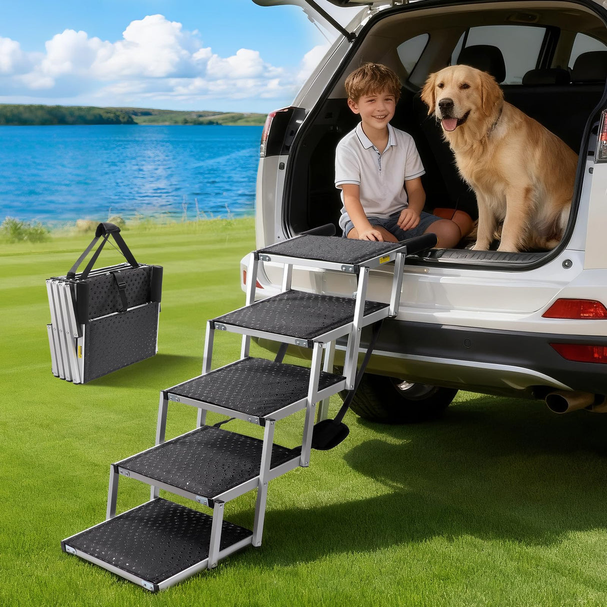 Dog Car Ramp for Large Dogs SUV, 5 Step Folding Dog Stairs with Non- Slip Surface & Reinforced Design, Foldable Pet Stairs Support Up to 200lbs- Suitable for SUV, Truck, Sofas, Bed