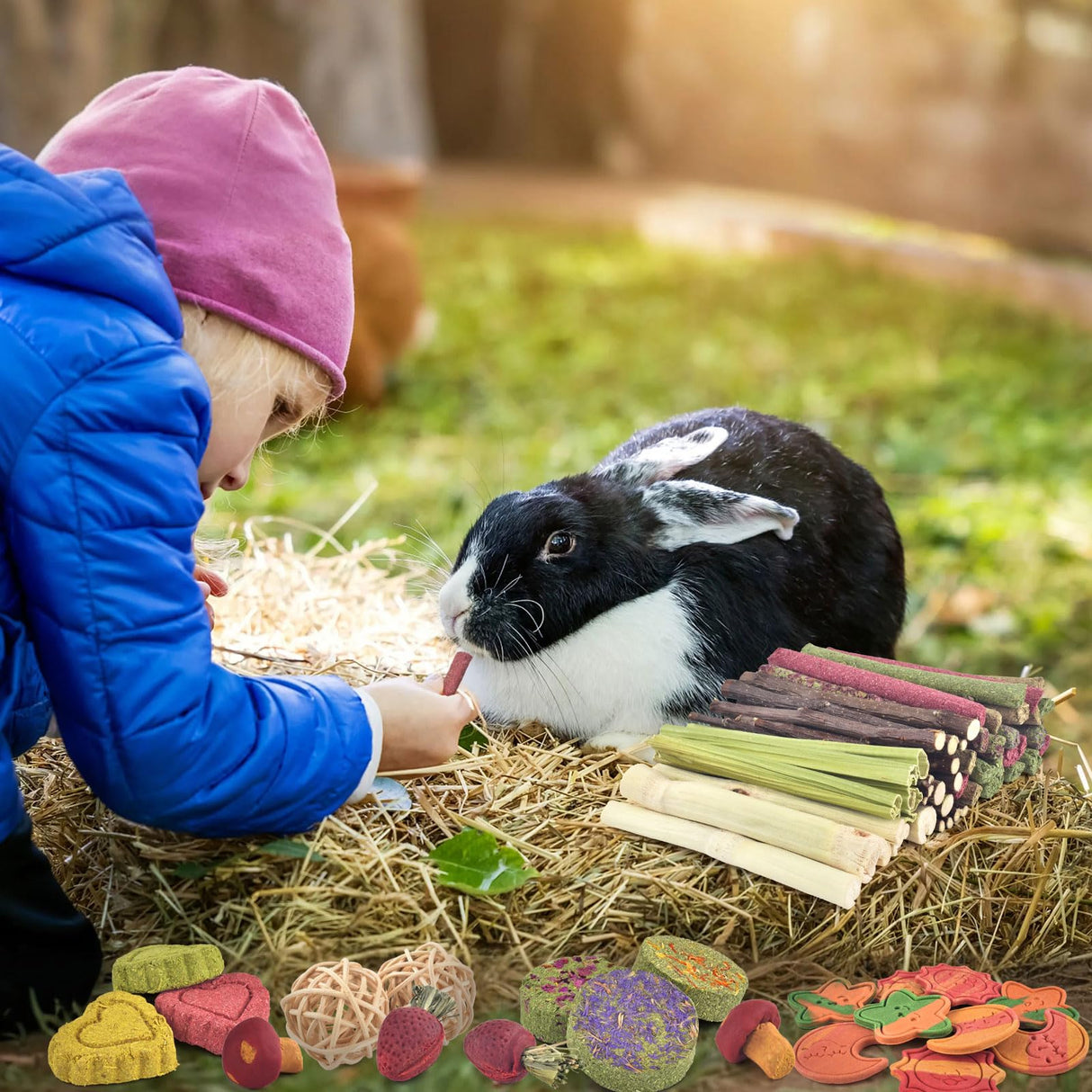 ERKOON 80PCS Bunny Chew Toys for Rabbits Teeth, Natural Rabbit Toys Apple Wood Sticks, Carrot, Timothy Grass Treats for Small Pets, Hamster, Chinchilla, Guinea Pig Dental Care and Treat Teething Toys