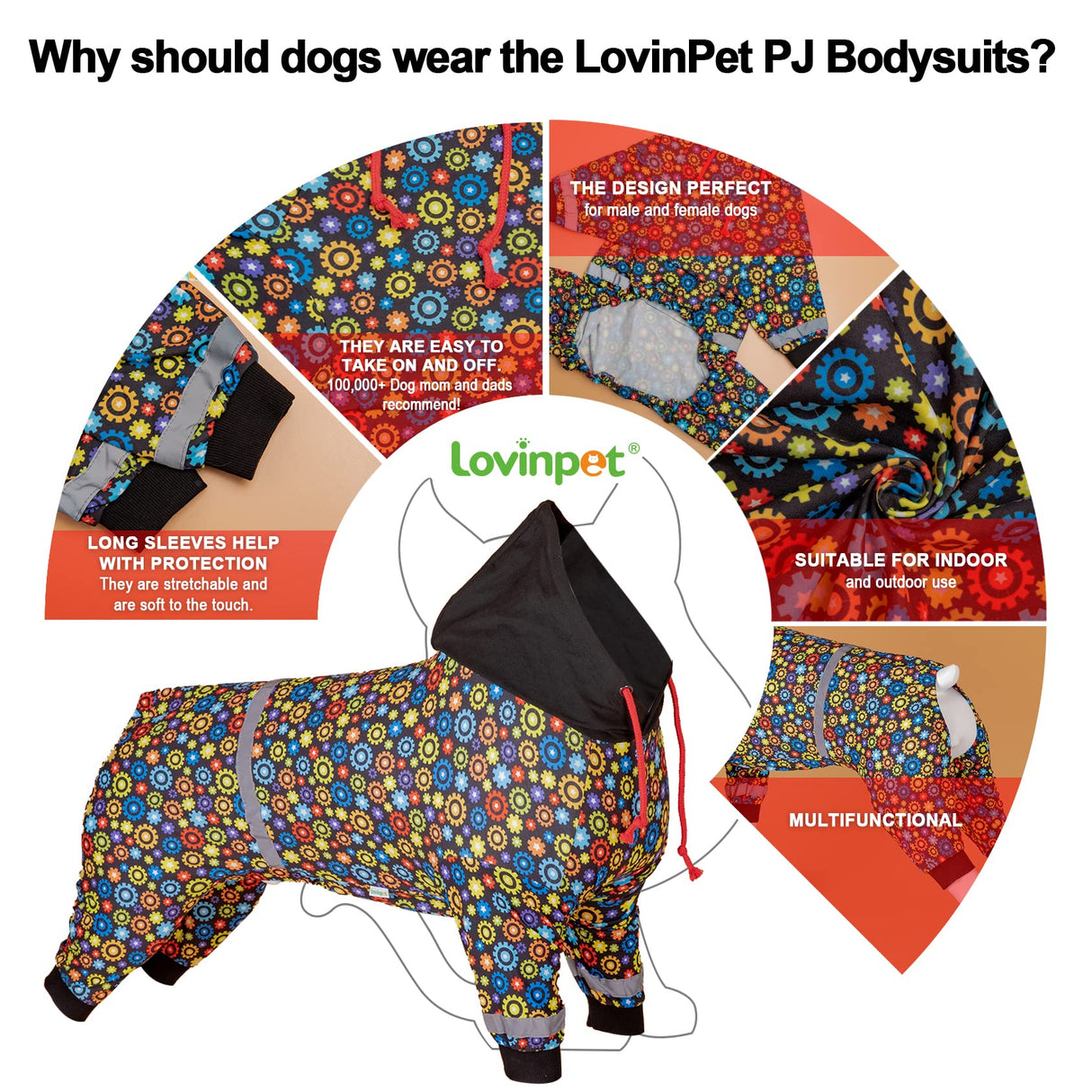 LovinPet Large Big Dog Onesies, Wound Care/Post Surgery Dog Shirt, Stop Shedding for Dogs, Pet Anxiety Relief Pajamas, PJ's for Dogs, Reflective Stripe, Gears and Black Print, Pet PJ's, L