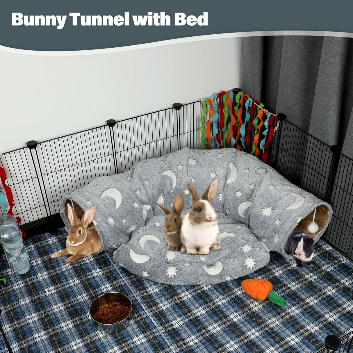 BWOGUE Bunny Tunnel Bed, 2-in-1 Collapsible Tunnel Tubes Toys with Removable Mat Hideout for Cats Kittens Rabbits Guinea Pigs Kitty