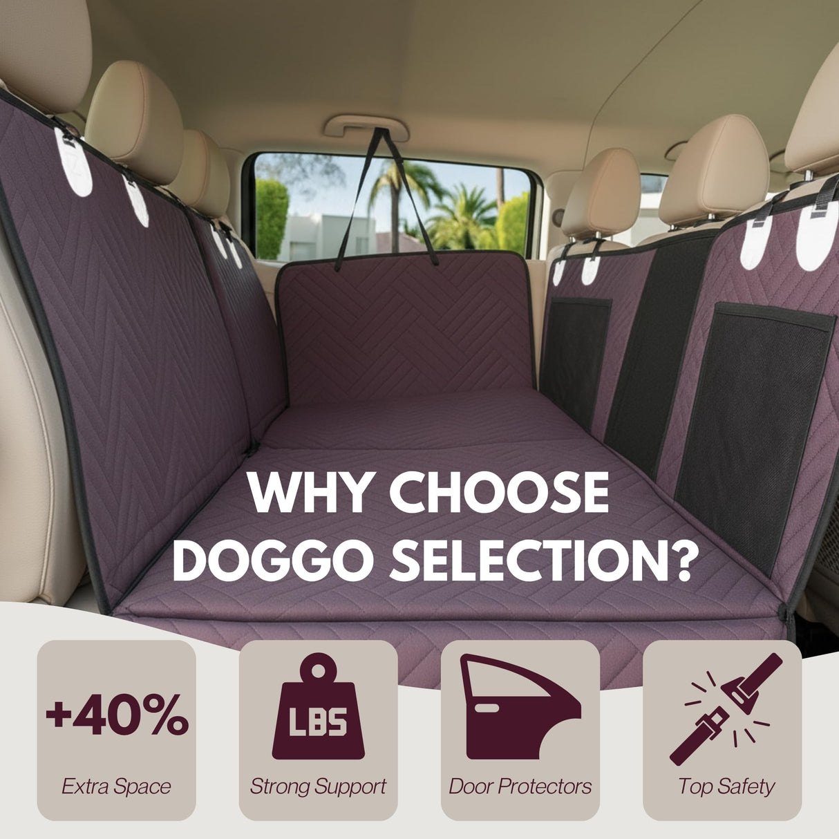 DOGGO Selection Back Seat Pet Cover for Dogs, Premium Dog Hammock for Car with Hard Bottom | Universal Car Seat Protector, Waterproof & Washable | Dog Car Seat Cover for Large (Brown)