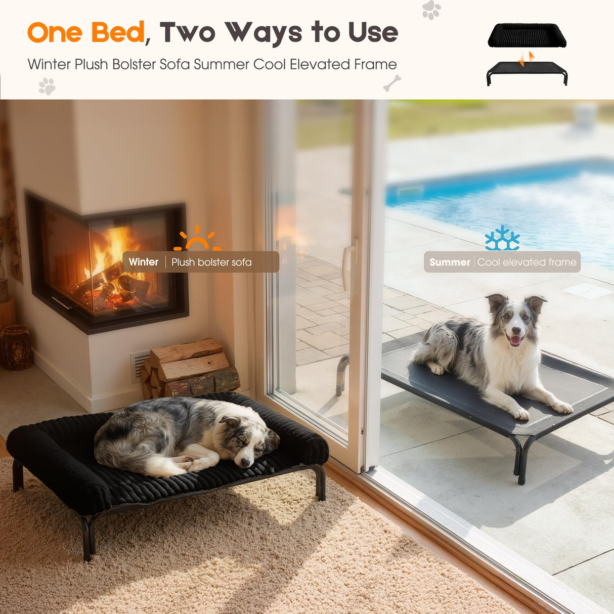 Elevated Dog Bed with Removable Fluffy Pillow Cushion, Raised Pet Cot Washable Bolster, Dog Couch Sofa, Anti Slip Feet, Matte Black, 36"×26"