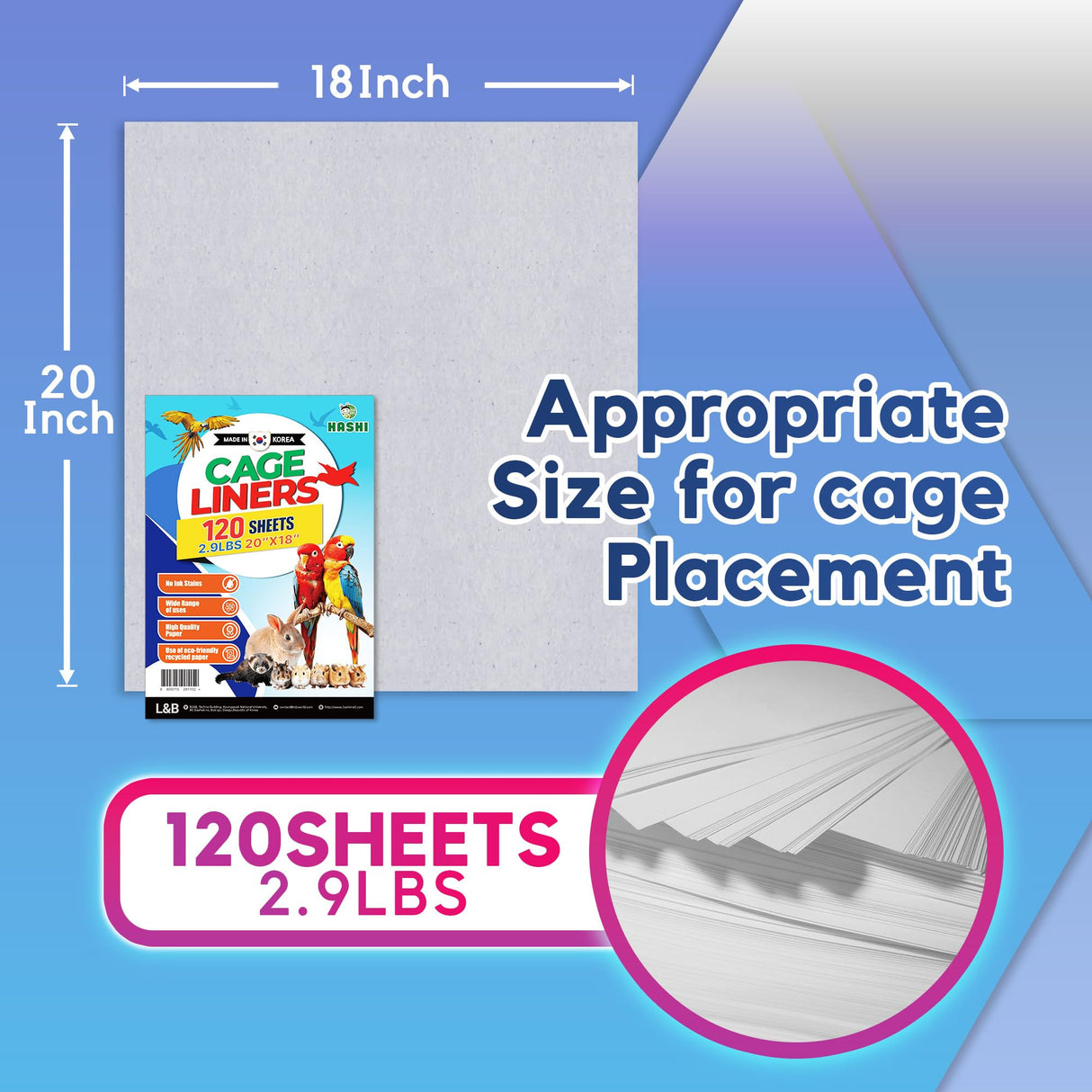 HA SHI Bird Cage Liner - 120 Paper Sheets, 20" x 18", 2.9 lb - Suitable for Pet Habitats, Bulk Quantity for Extended Use, Newsprint Texture, Parcel Packaging