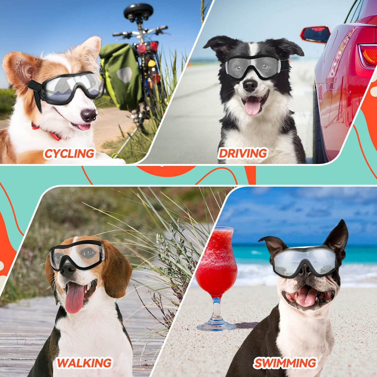 PETLESO Dog Goggles Sunglasses for Large Breeds - 2PCS Black & Clear UV Protection Set, Windproof Eye Wear for Medium to Large Dogs, Ideal for Riding/Driving/Hiking