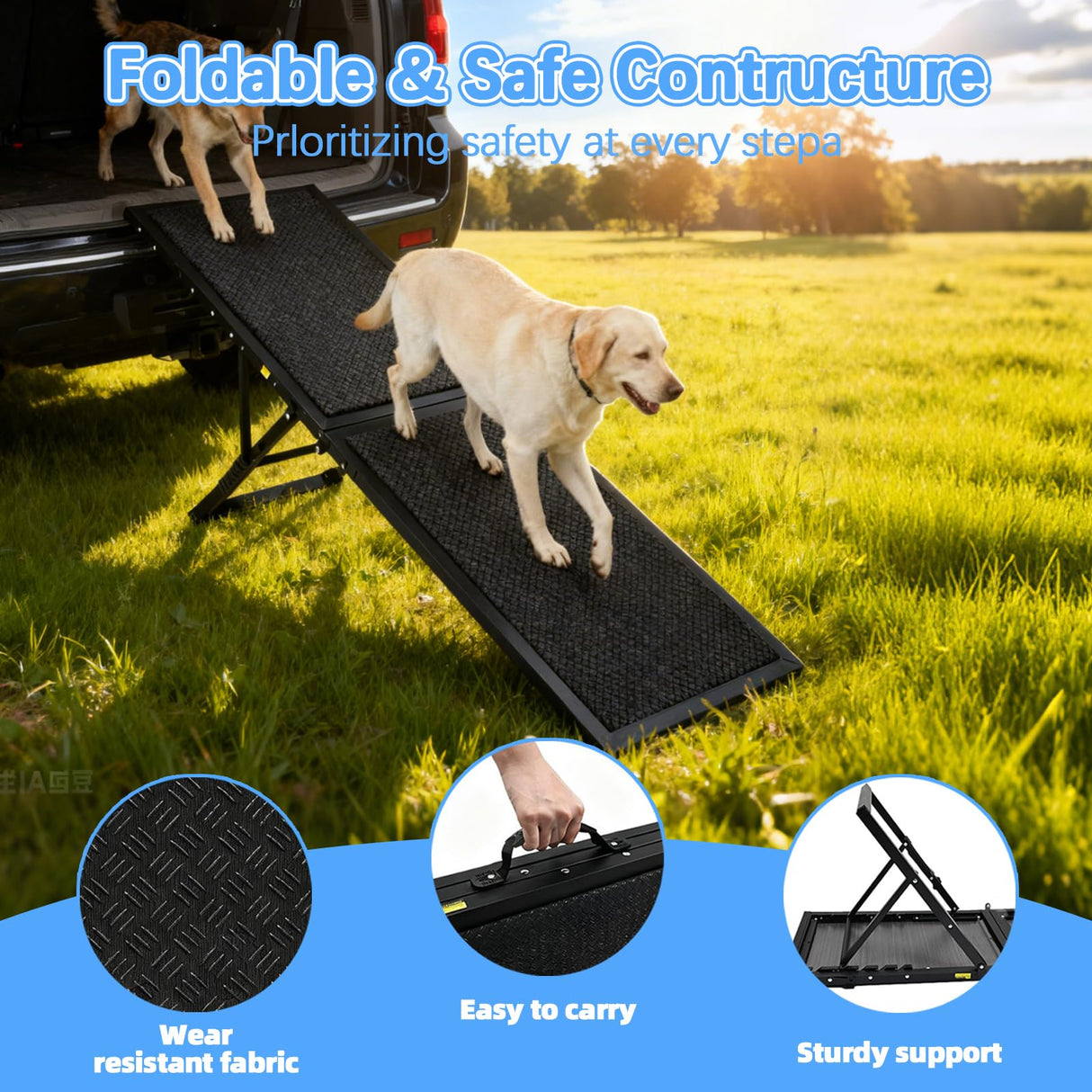 LoopTime Dog Ramp for Car,49.4"x 16.1" Dog Stairs for Large Dogs with Anti-Slip Surface,Large Folding Pet Stairs for SUV,Truck with Adjustable Height,Outdoor Portable Wide Dog Steps up to 99LBS