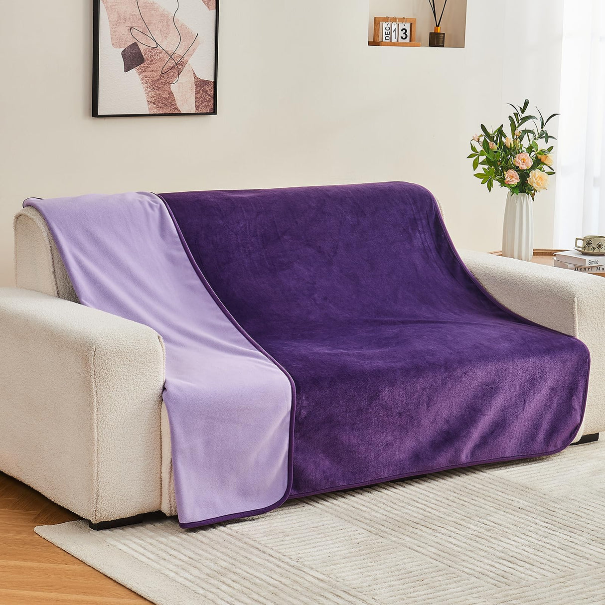 Yaning Waterproof Blanket 80"x90" for Adults, Reversible Waterproof Bed Cover for Dogs Cats Pets, Soft Leakproof Blanket for Bed Couch Sofa Furniture Protector, Dark Purple/Light Purple