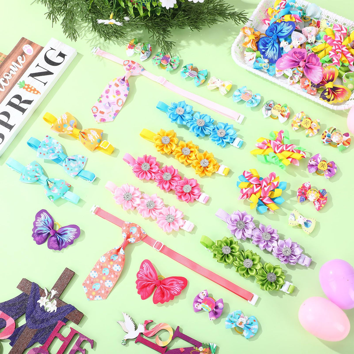 Reginary 70 Pcs Easter Dog Bow Ties Collar Set Adjustable Grooming Hair Bows Rabbit Eggs Butterfly Rhinestone Pattern Neckties for Spring Easter Puppy Cat Supplies