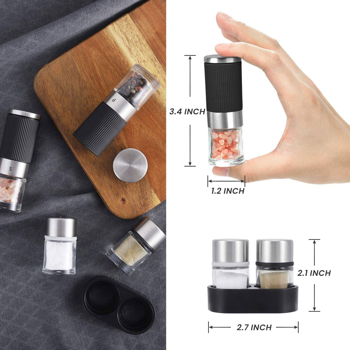Mini Salt and Pepper Grinder set with 2 Small Salt and Pepper Shakers Portable Cute Tiny Spice Grinder Pepper Mill Salt Grinder for Travel, Work, Camping, Party, School, Lunch Box