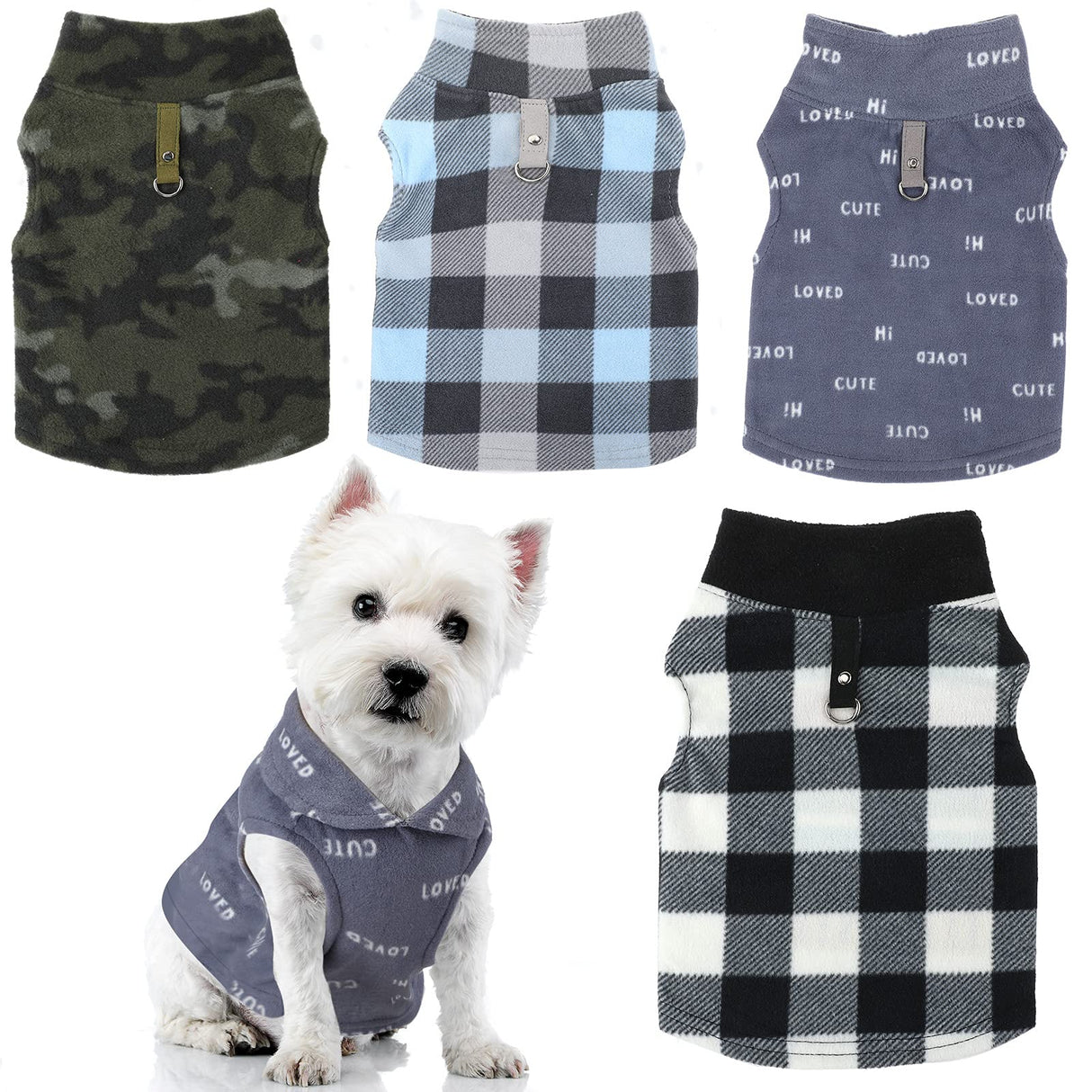 4 Pieces Winter Fabric Dog Sweater with Leash Ring Soft Fleece Vest Dog Clothes Plaid Camouflage Warm Puppy Jacket Pullover Clothes for Small Cat Puppy Chihuahua(XXX-Large)
