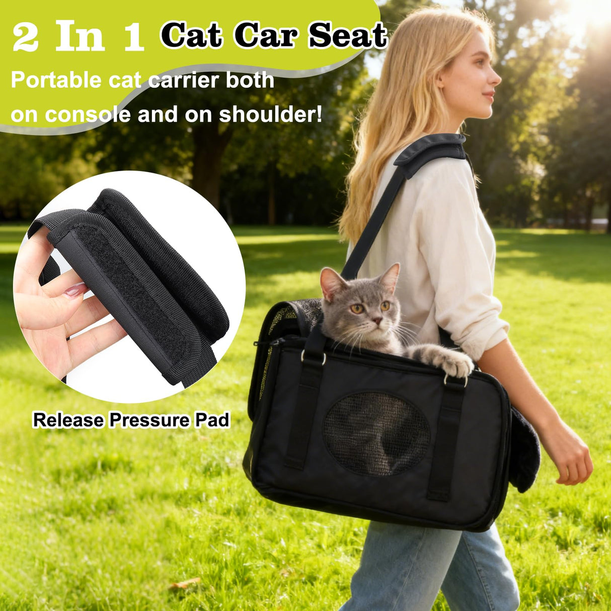 3 in 1 Cat Car Seat for Center Console – Portable Carrier for Shoulder Handle Car, Foldable Pet Armrest Booster Seat for Small Dogs & Cats (Up to 15lbs) | Puppy Seats with Cushion for Travel
