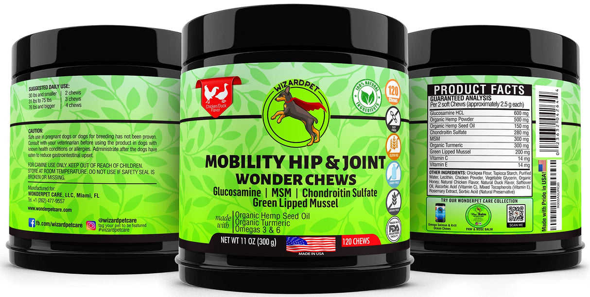 WIZARDPET Advanced Hemp Hip and Joint Supplement for Dogs Hemp Oil Glucosamine Chondroitin for Dog Omegas Turmeric MSM Green Lipped Mussel Made in USA Treats Support Mobility 120 Chews
