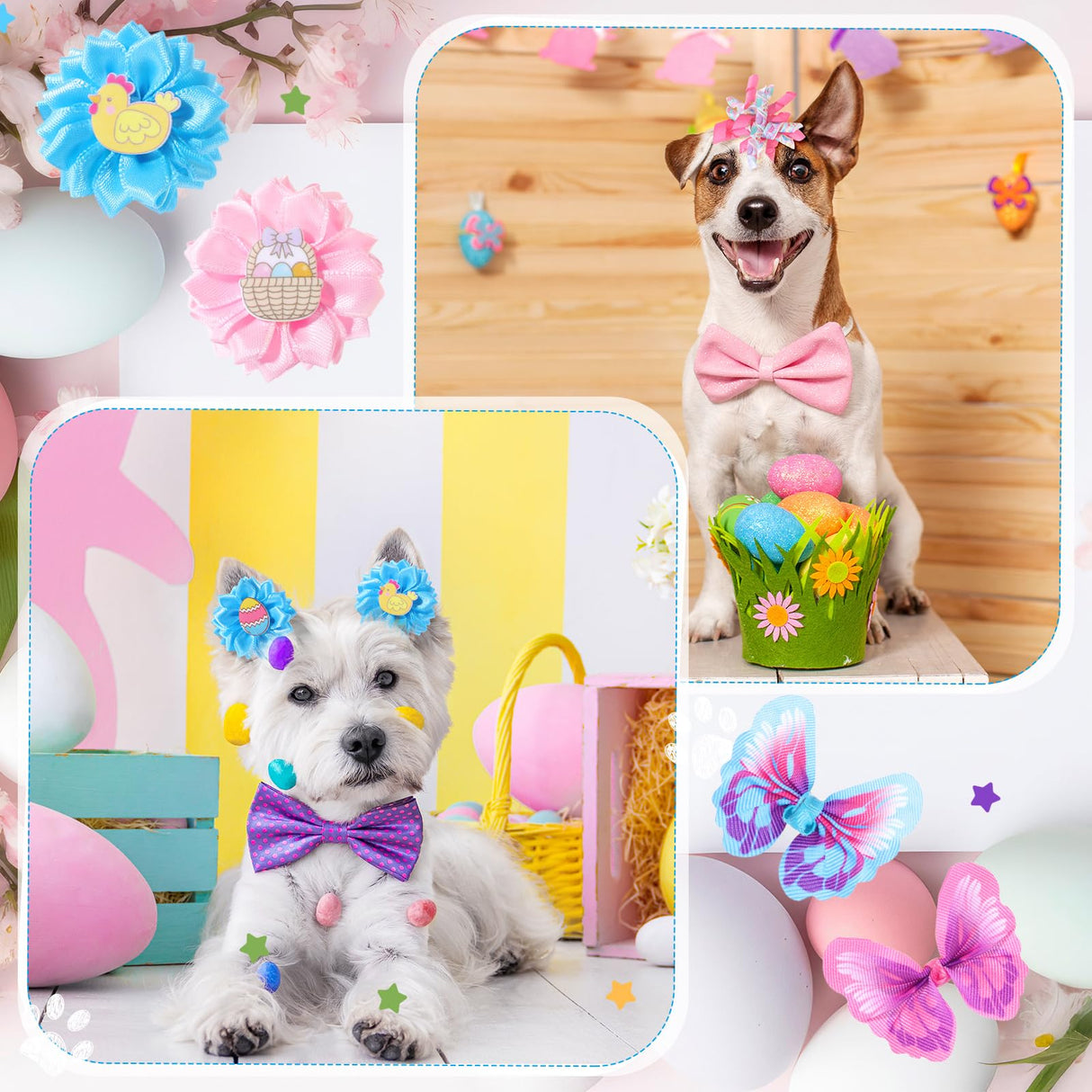 Wavwavw 52 Pieces Bulk Easter Dog Hair Bows with Rubber Bands Easter Dog Grooming Pastel Bows Egg Bunny Chicken Design Pet Accessories for Holiday Party Cute Pet Puppy Cat Hair Accessories
