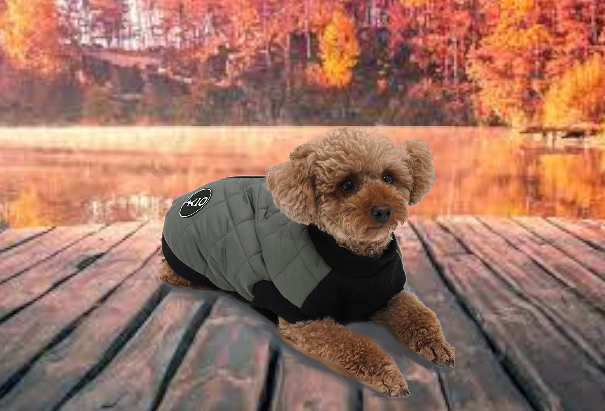 K10 Quiltee Coat - Warm Dog Coat with Leash Attachment - Water Resistant Jacket with Leash Ring - Built in D Ring Harness - Fleece Lined Vest - Lighter Than a Sweater - Small Dogs (S, Olive Green)