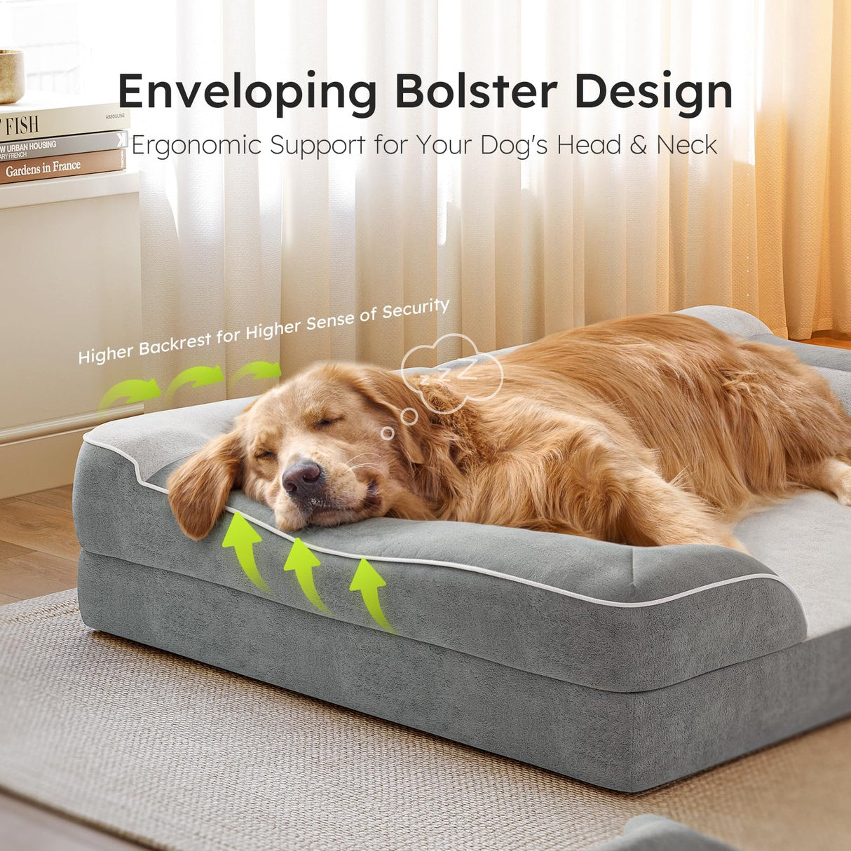 CWAWZ Dog Beds for Large Dogs, Orthopedic Pet Bed with Cooling Gel Memory Foam, Waterproof Large Dog Beds with Removable Washable Cover, 36" Pet Sofa Dutch Velvet with Blanket Bone Toy, Light Gray