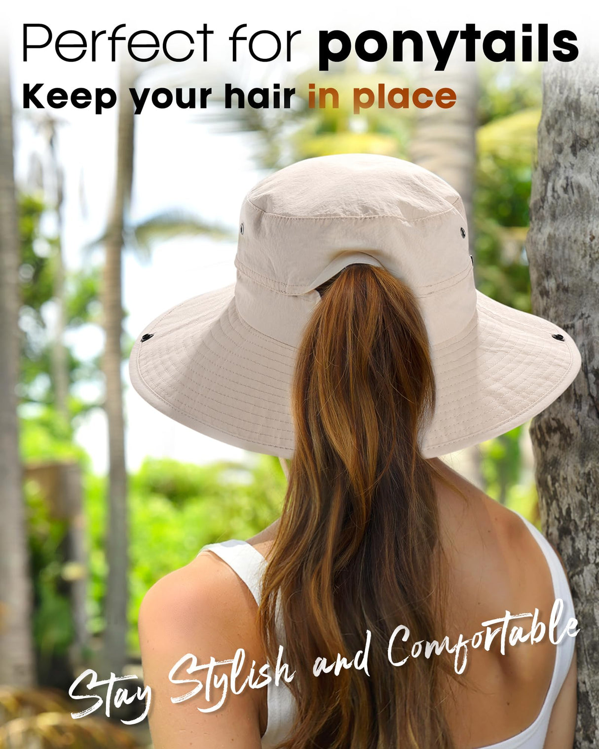 FURTALK Sun Hats for Women Ponytail UV Protection Beach Summer Hat Wide Brim Packable Cowboy Hat Beige