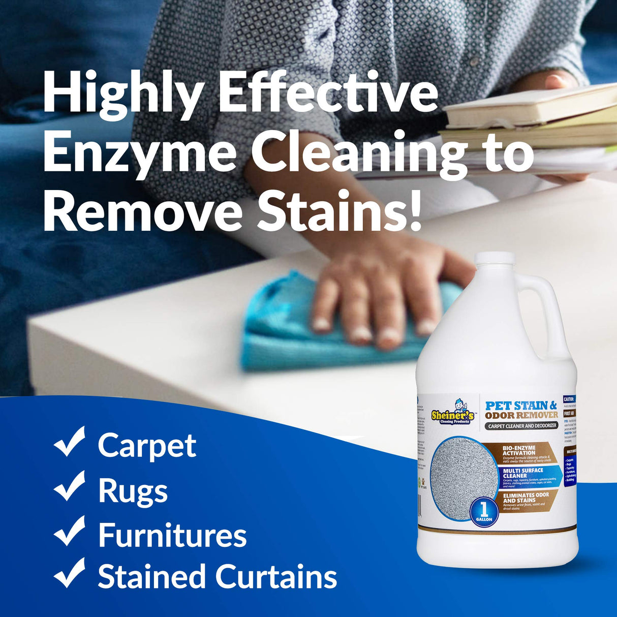 Sheiner's Pet Urine Enzyme Cleaner & Pet Stain & Odor Remover, Advanced Enzymatic Cleaner Solution for Carpets, Rugs, Upholstery & Multi-Surfaces, Safe for Pets & Kids. (128 oz)
