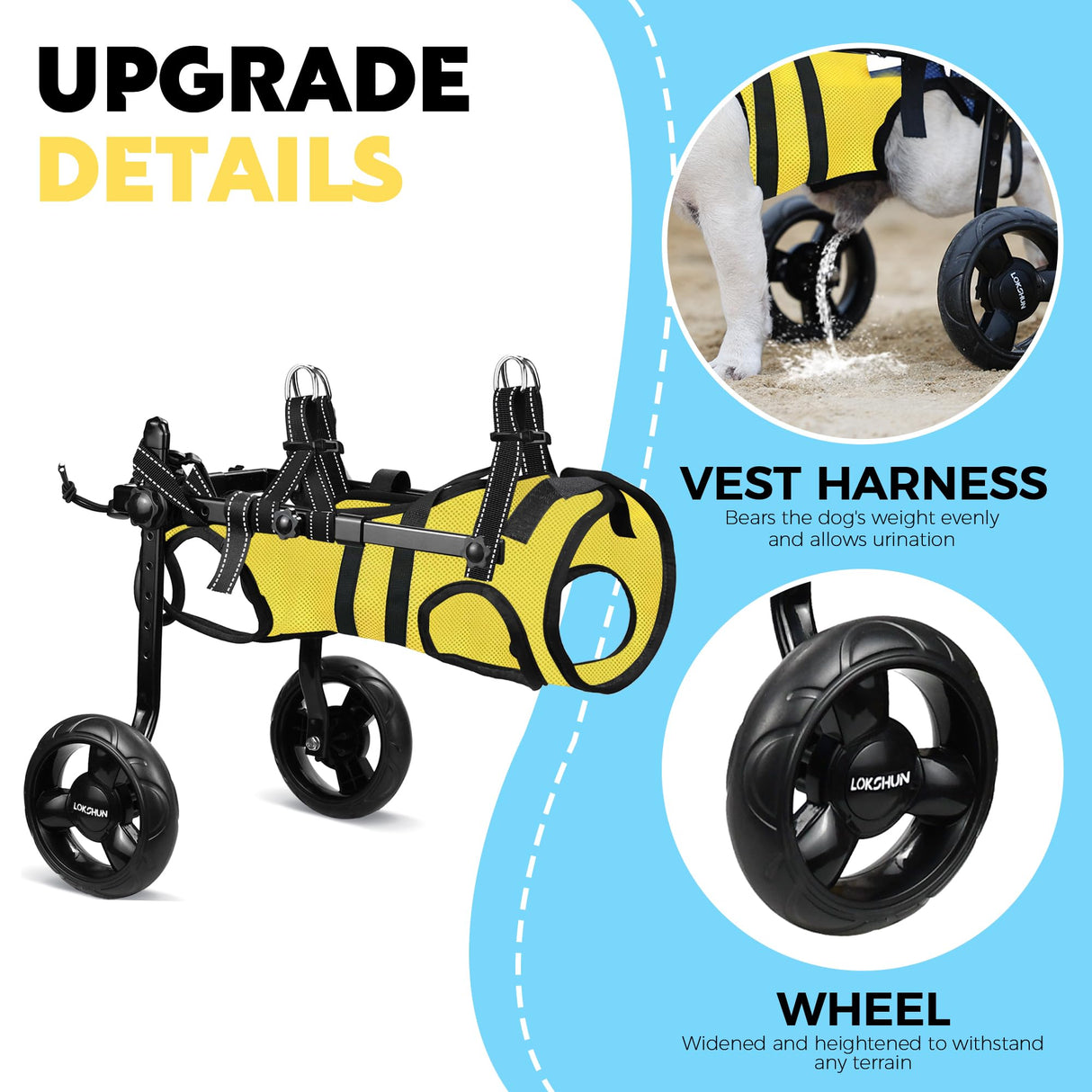 LOKSHUN Small Dog Wheelchair for Back Legs, Adjustable Rear Leg Mobility Support for Small Dogs up to 22 lbs, Lightweight Dog Mobility Cart with 2-in-1 Leash, LED Light, Heavy-Duty Wheels (Yellow-S).