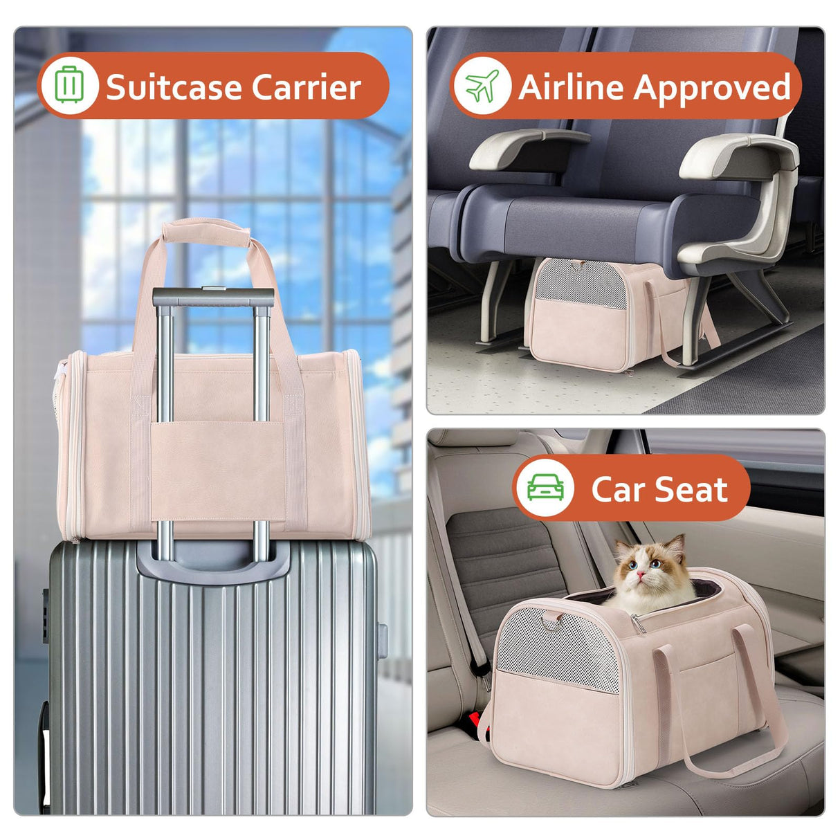 Lasaviin Fashion Leather Dog Carrier Cat Carrier Airline Approved Pet Carrier for Small Medium Dogs Cats Under 15Lbs, Collapsible Soft Sided Travel Puppy Carrier White