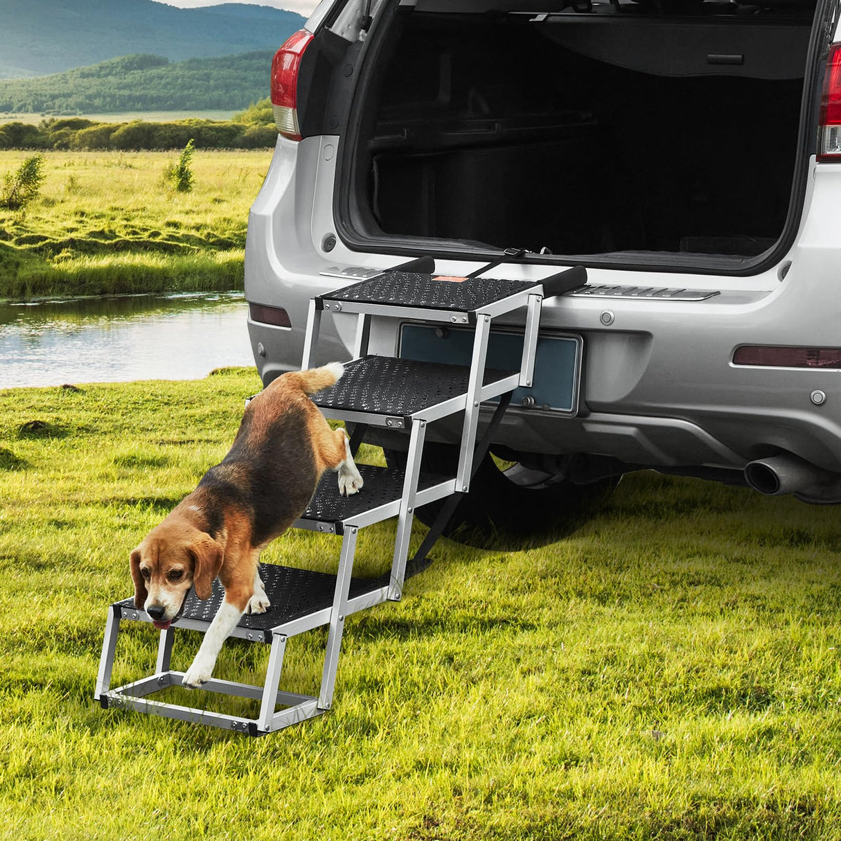 VEVOR 4-Step Dog Car Steps, Folding Dog Ramp with Nonslip Surface, Portable Pet Steps in Aluminum for Car, SUV and Truck, Supports up to 250 lbs