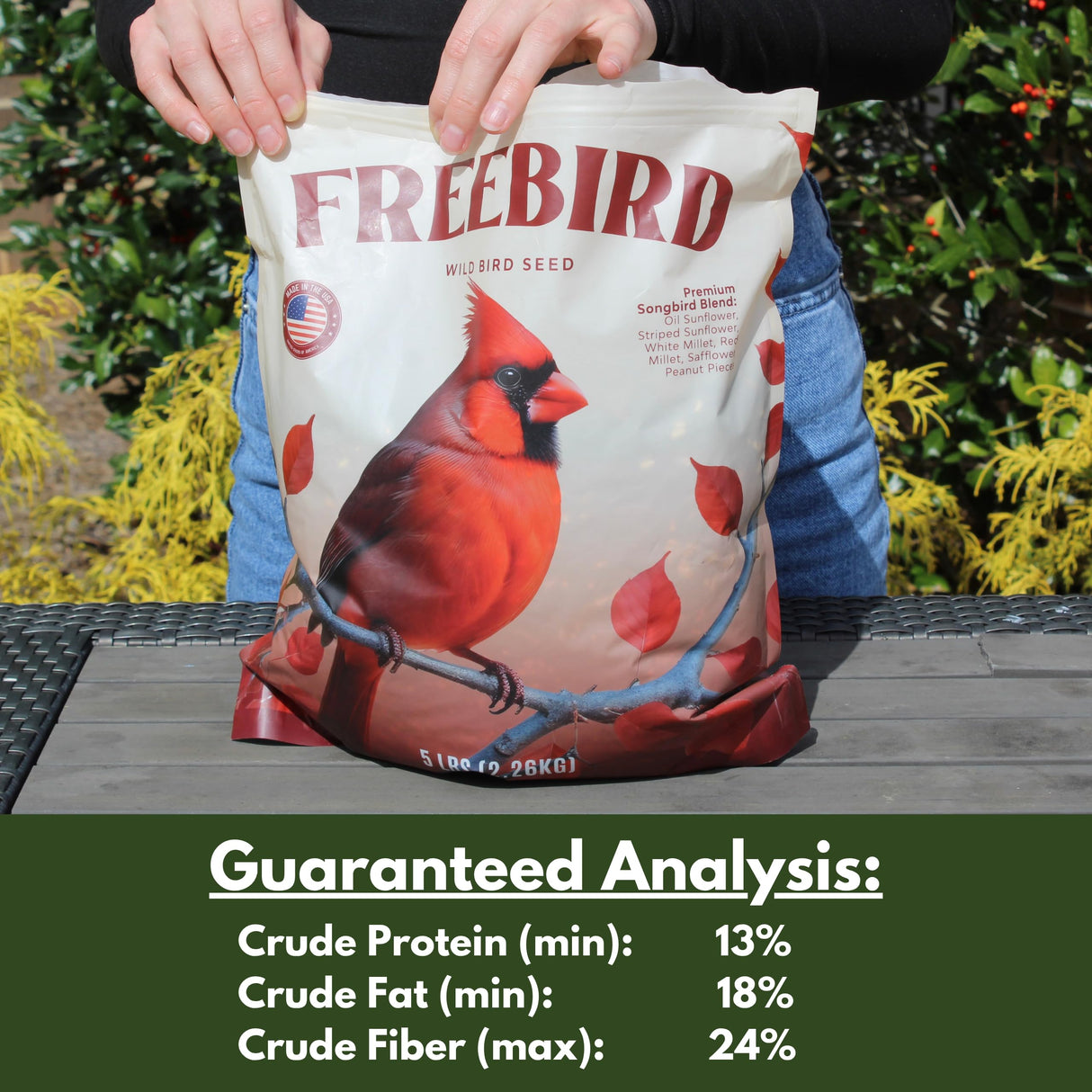 Wild Bird Seed for Outside Feeders by Freebird - Premium Songbird Blend with Sunflower, Safflower, Peanut Pieces, Red Millet and White Millet for Cardinals, Finches, and Colorful Wild Birds - 5lb Bag