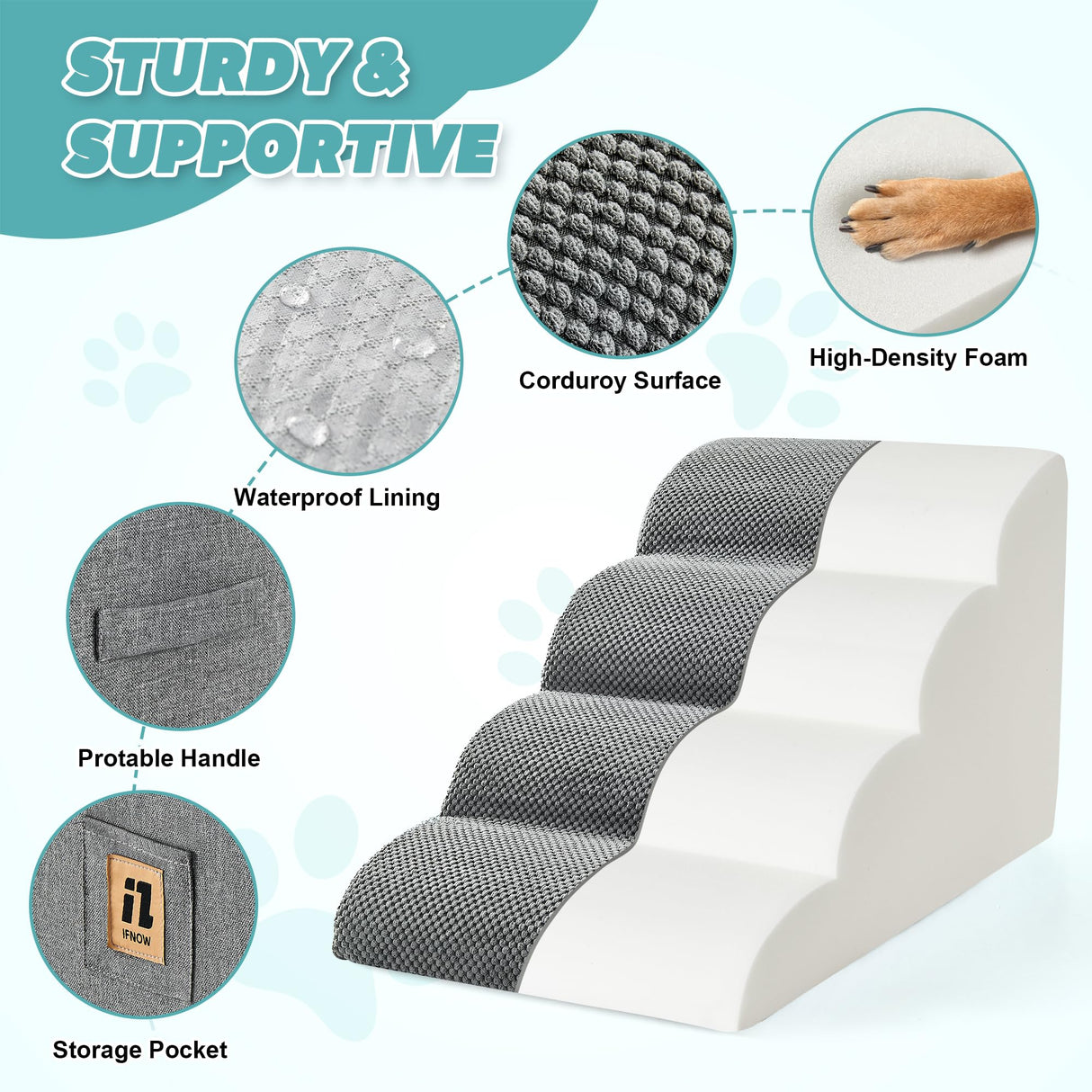 IFNOW Dog Stairs for Small Dogs 15.7''H, 4-Step Sturdy Dog Steps for Bed, Couch, Sofa, Waterproof Pet Stairs for Older Cats, Puppy, Removable Washable Cover, Non-Slip Curved Pet Ramp Indoor, Grey