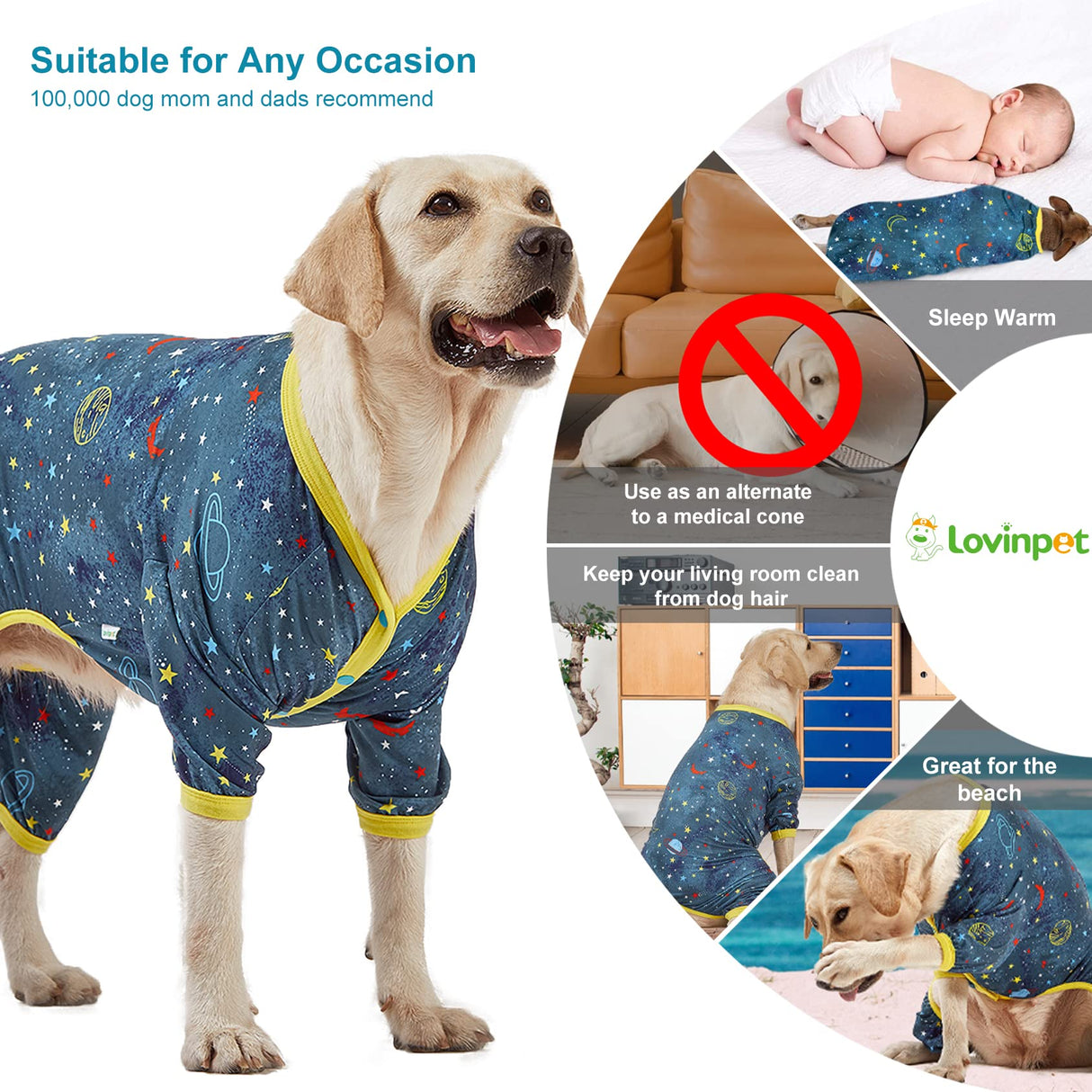LovinPet Large Dog Surgery Recovery Shirt, Undershirt for Dog Coats, Anti Licking, Pitbull Clothes, Pet Anxiety Onesies, Navy Space Print, Pet Pajamas for Dogs, Pitbull Onesie, 2XL