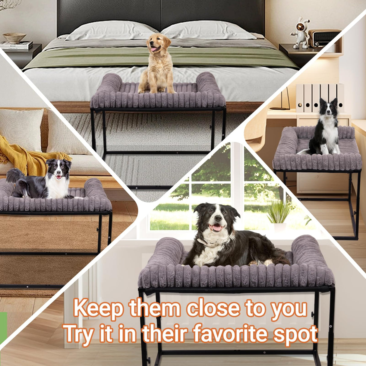 Large Bedside Dog Bed for Medium & Large Dogs, Height Adjustable Cosleeper Next to Human Bed, Elevated Sturdy Frame with Washable Cushion for Heavy Dogs