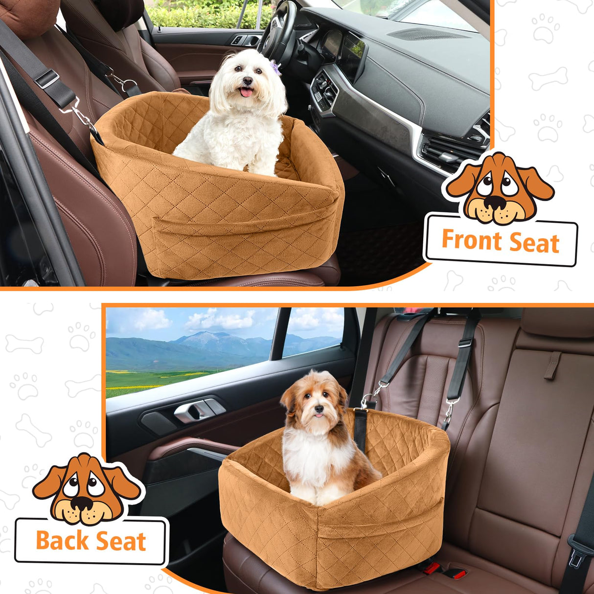 NEEZUKAR Dog Car Seat for Small Medium Dogs,Detachable Washable Dog Booster Seat Under 30lbs,Pet Car Seat Travel Bed with Storage Pockets and Dog Safety Belt(Brown