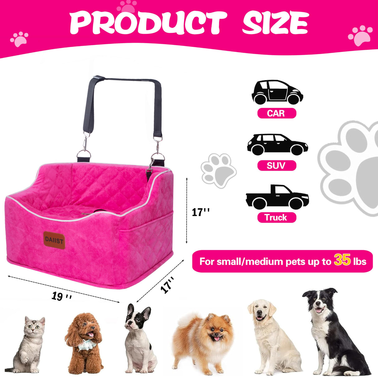 Dog Car Seat for Small Medium Dogs, Detachable Washable Dogs Booster Seat Under 35lbs, Elevated Dog Car Bed with Storage Pockets (Blue, One Size)