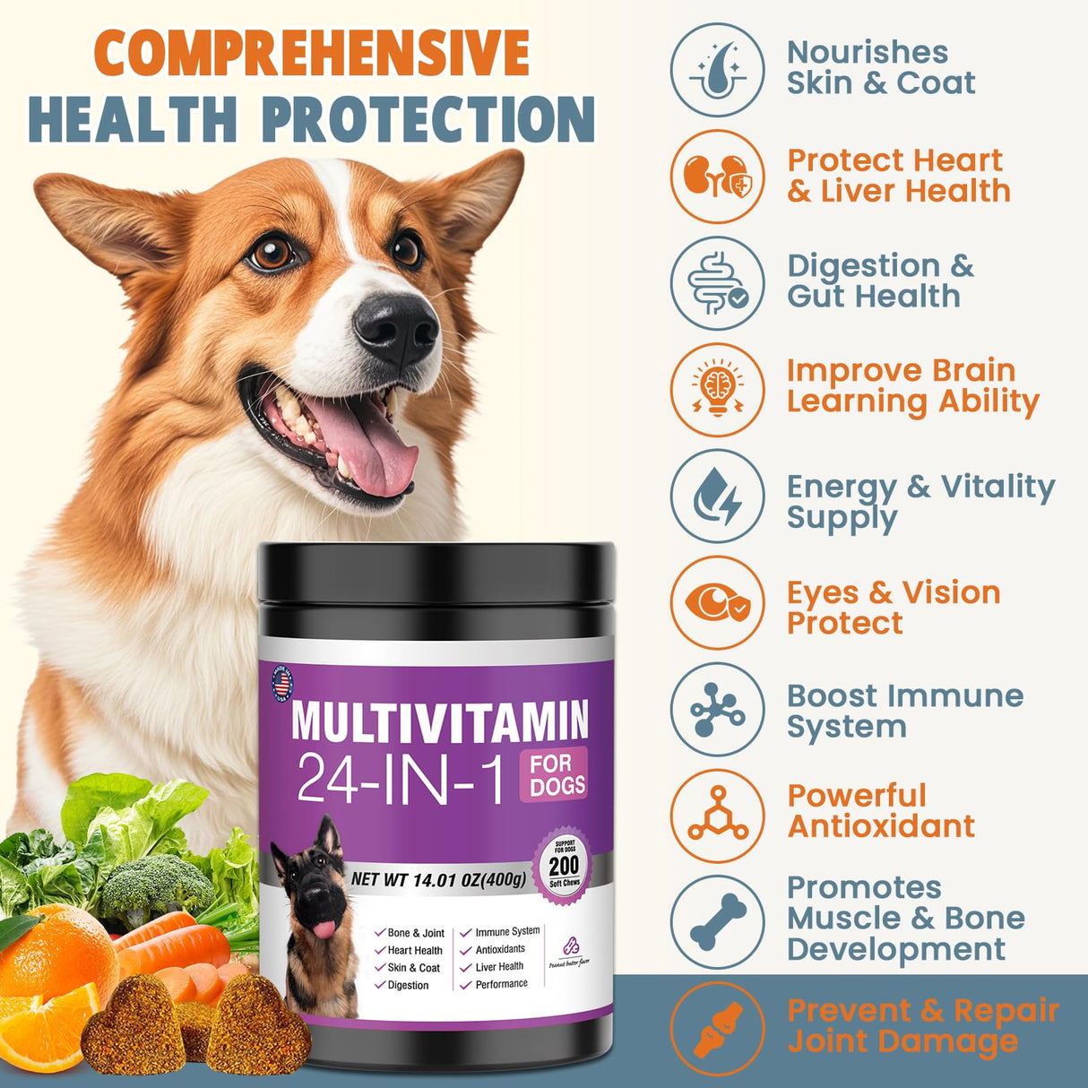 24-in-1 Dog Vitamins and Supplements 200 Ct Dogs Multivitamin Chewable Contain Chondroitin Probiotics Omega-3 Glucosamine for Dogs Skin Coat Heart Joint Gut Liver Brain Immune Support - Peanut Butter